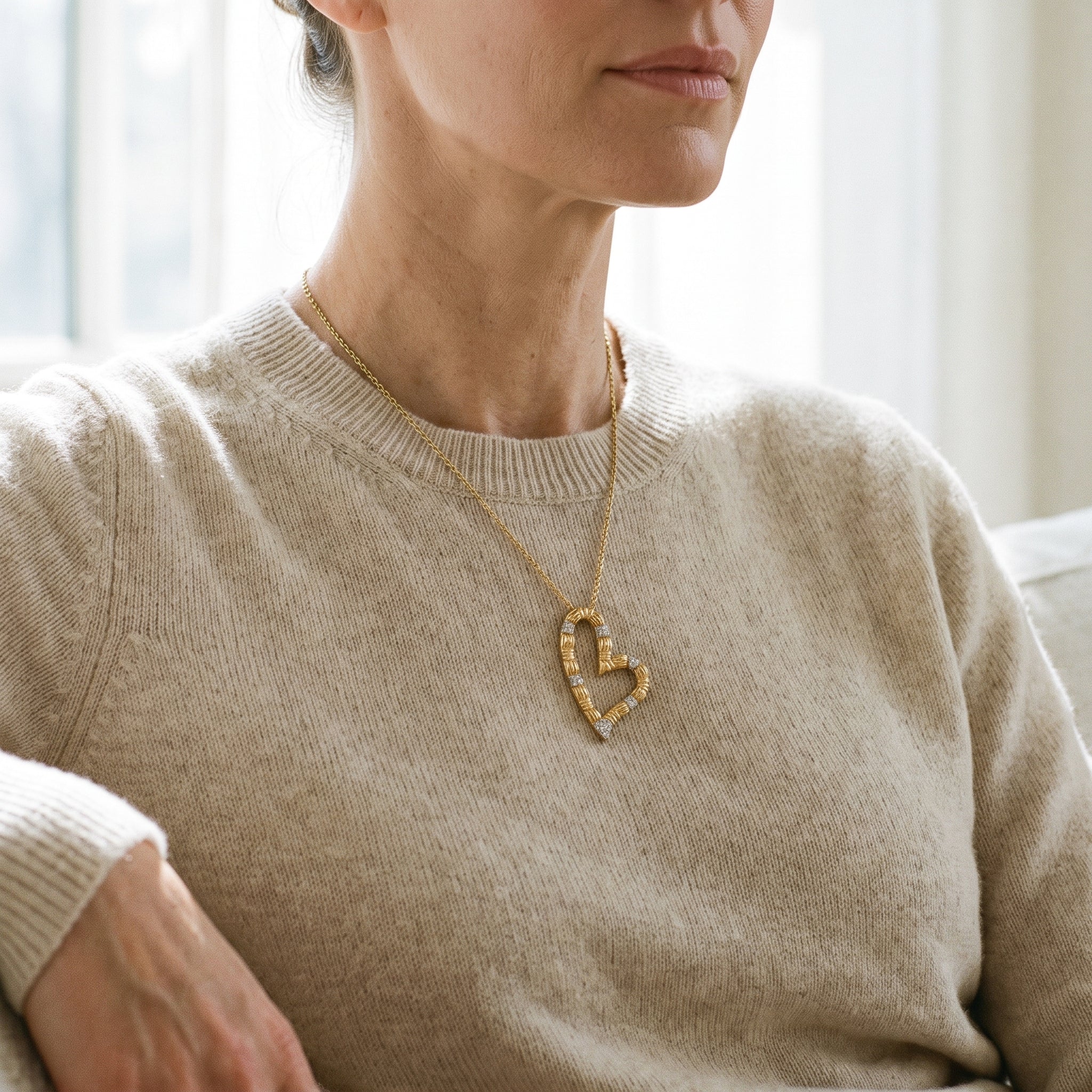 Roberto Coin 18k Open Heart Diamond Necklace — shown worn, second view