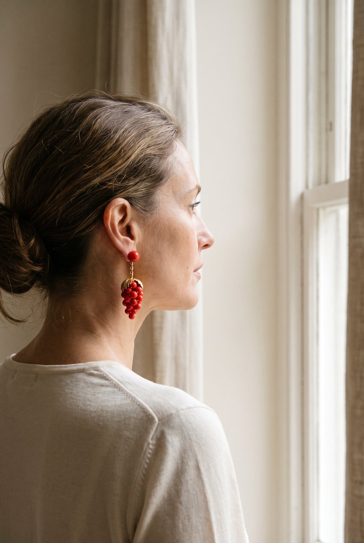 Spritzer & Fuhrmann Yellow Gold Red Grape Coral Hanging Earrings — shown worn, second view