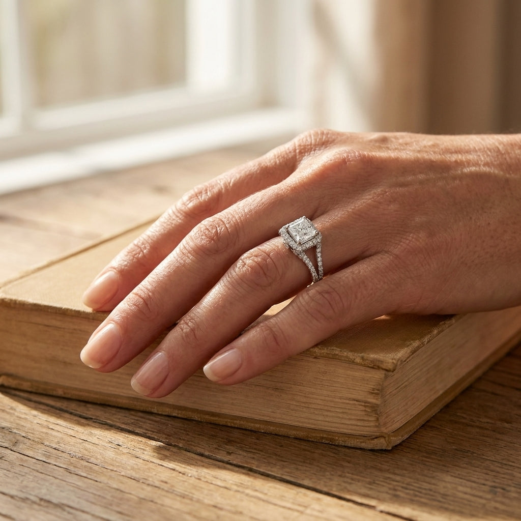 Platinum princess-cut diamond engagement ring worn on a hand resting on a book, editorial lifestyle photo