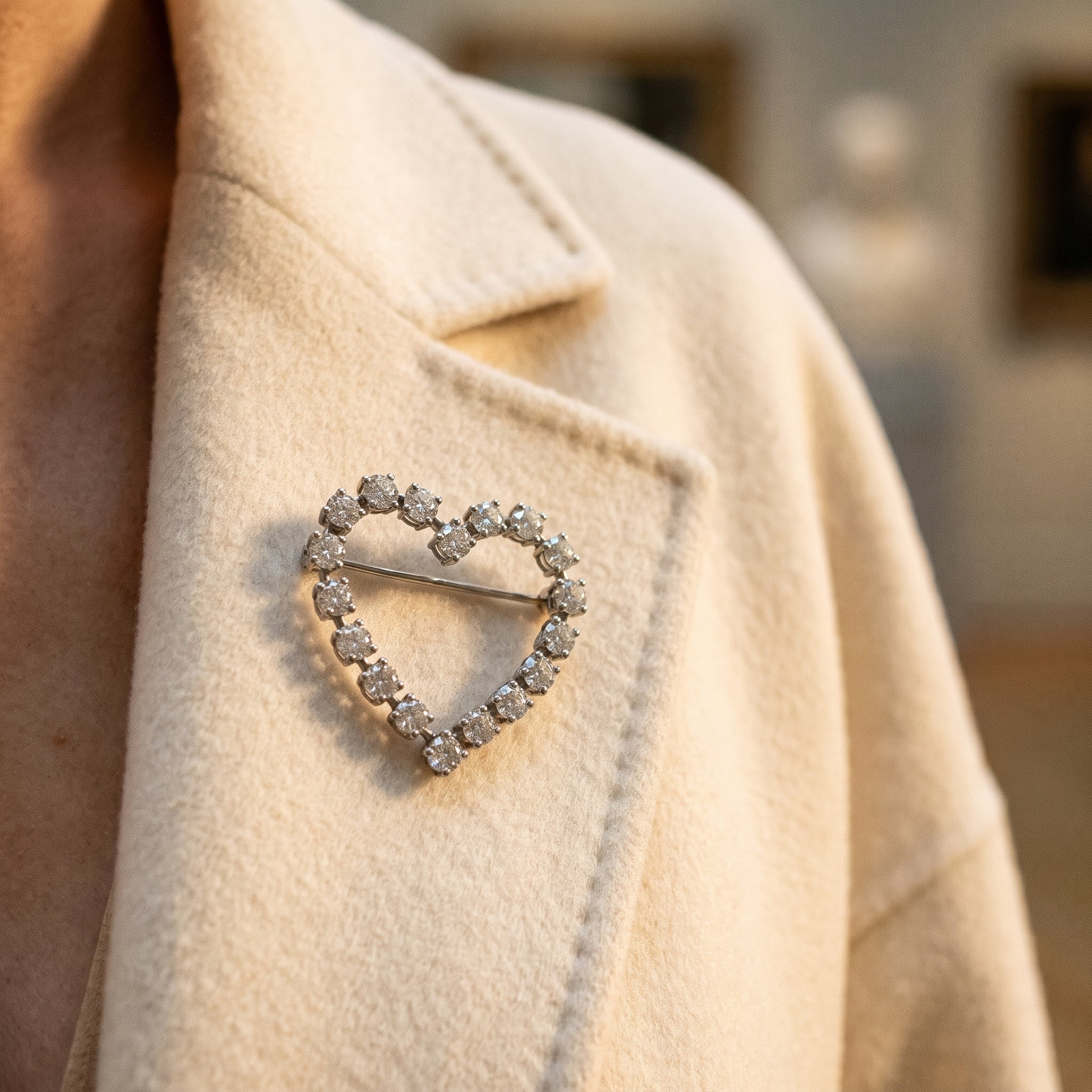 Tiffany & Co. Platinum Diamond Heart Pin/Brooch — shown worn