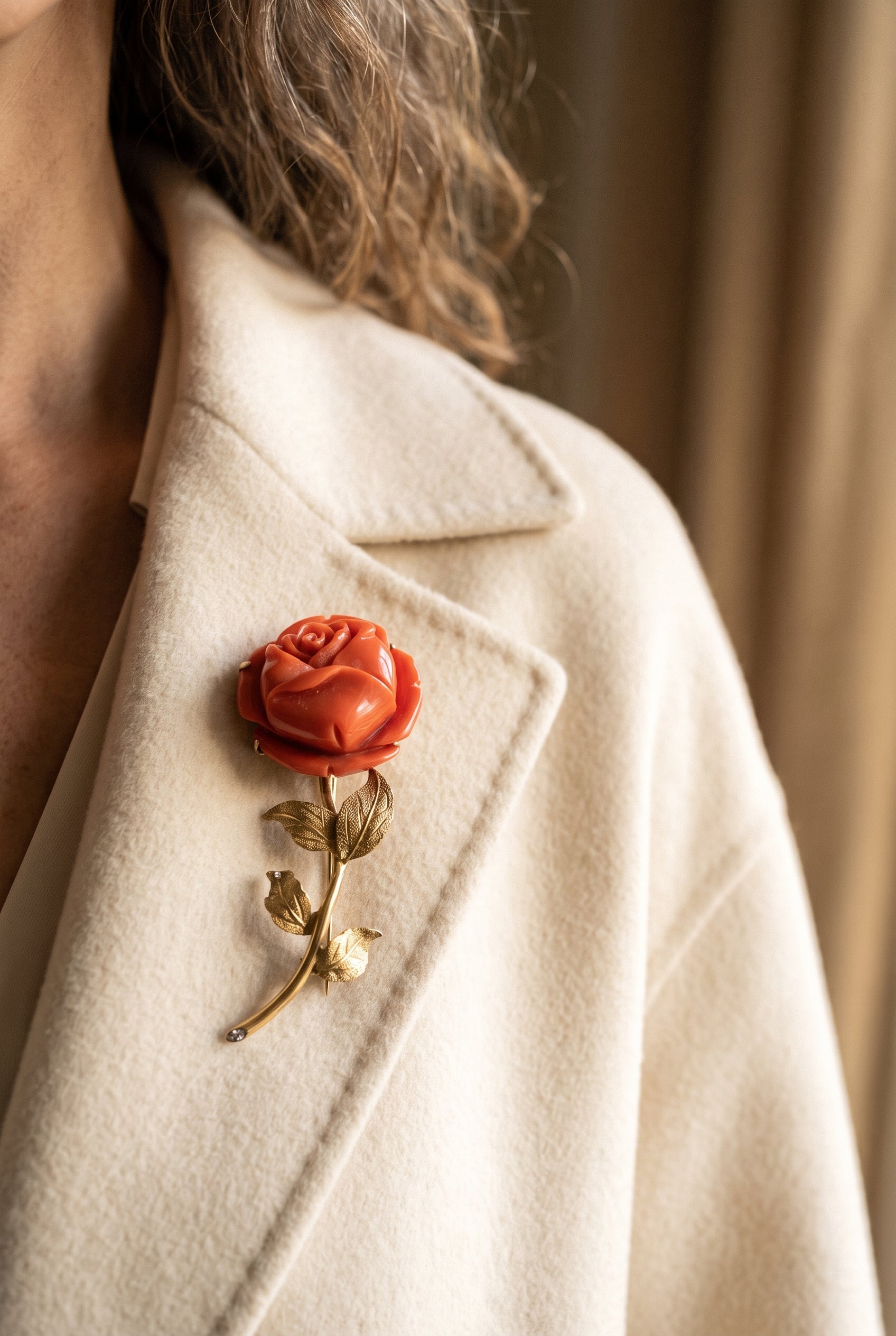 Spritzer & Fuhrmann Yellow Gold Carved Red Coral Rose Pin — shown worn