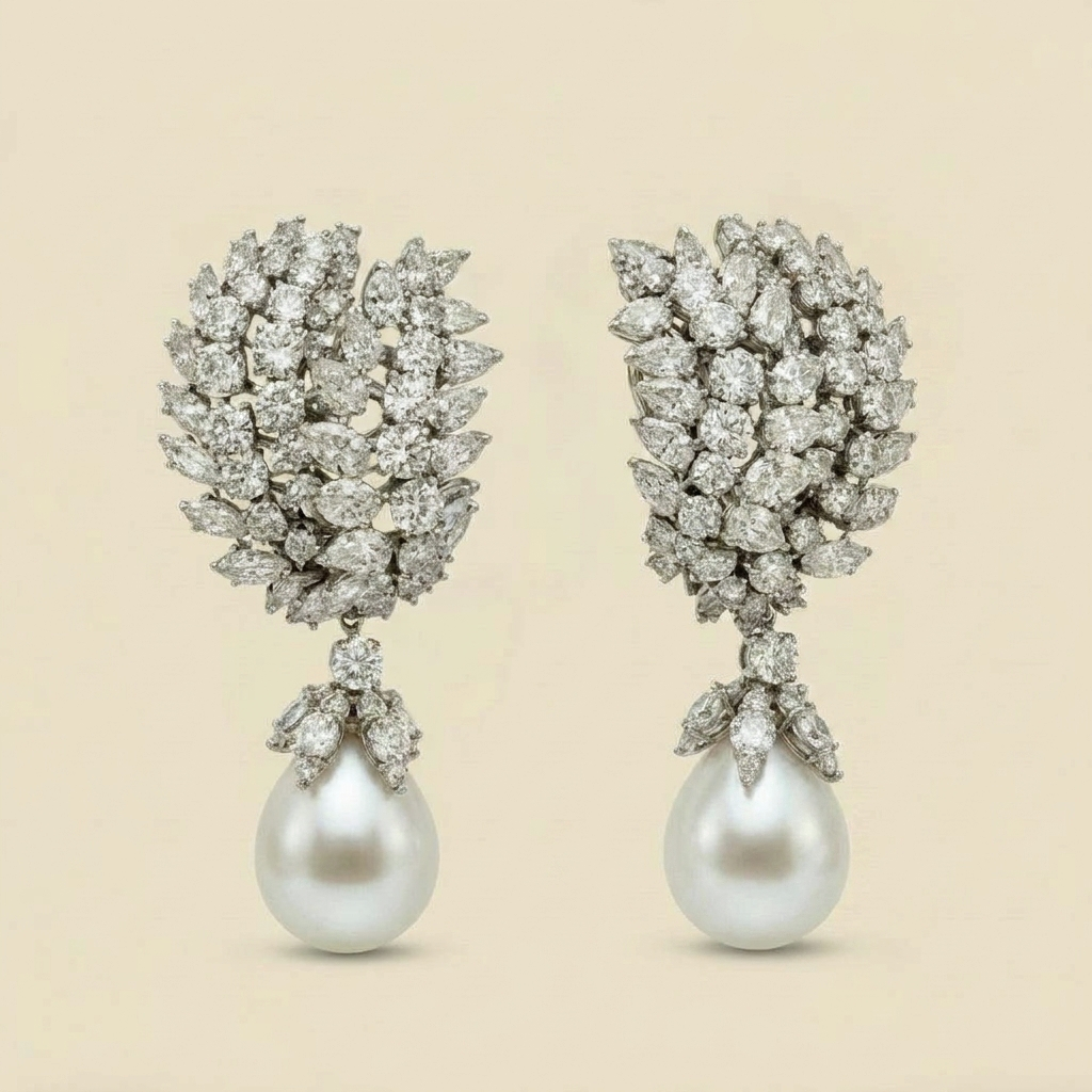Platinum South Sea Pearl & Diamond Drop Earrings - alternate view