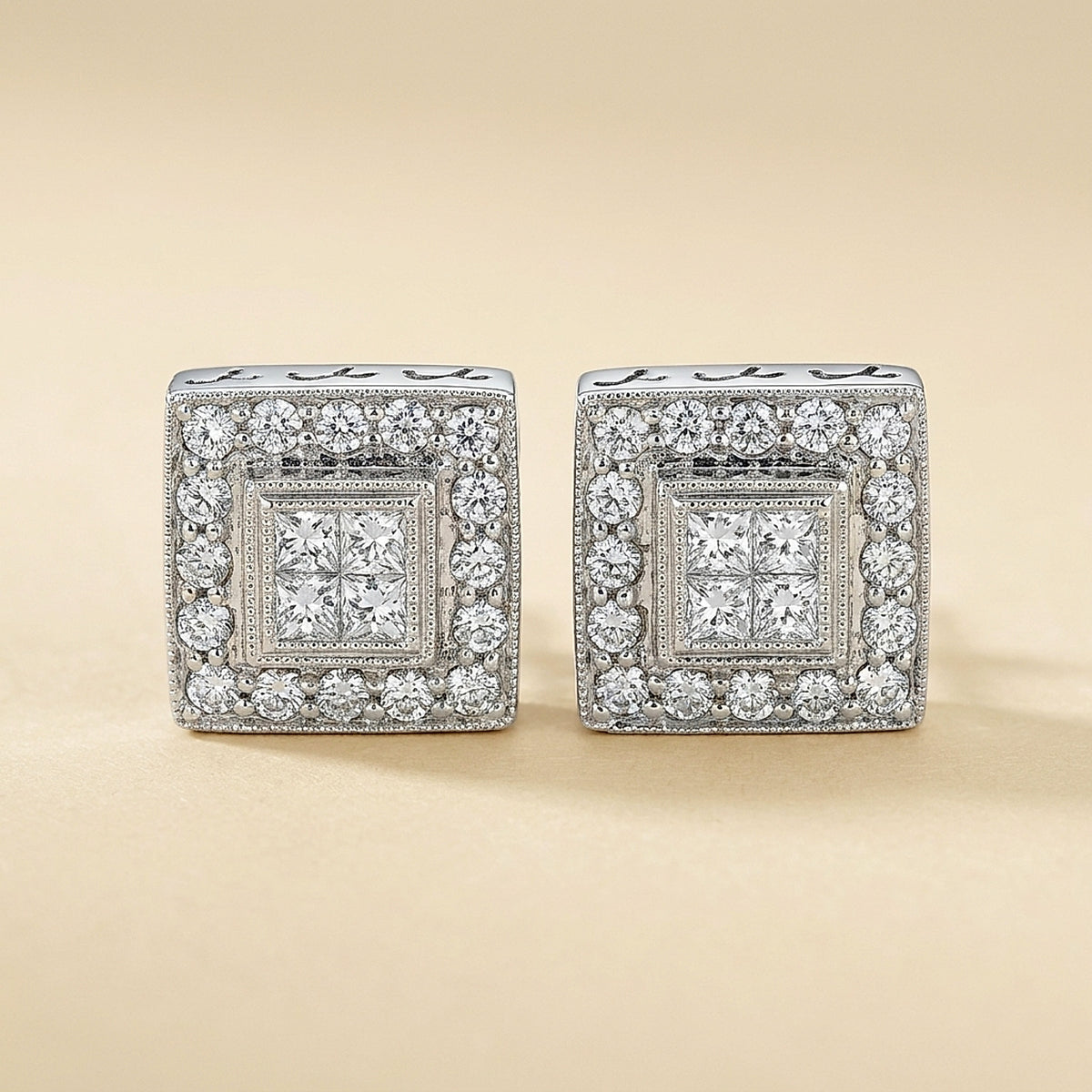 18k White Gold Square Cluster Earrings