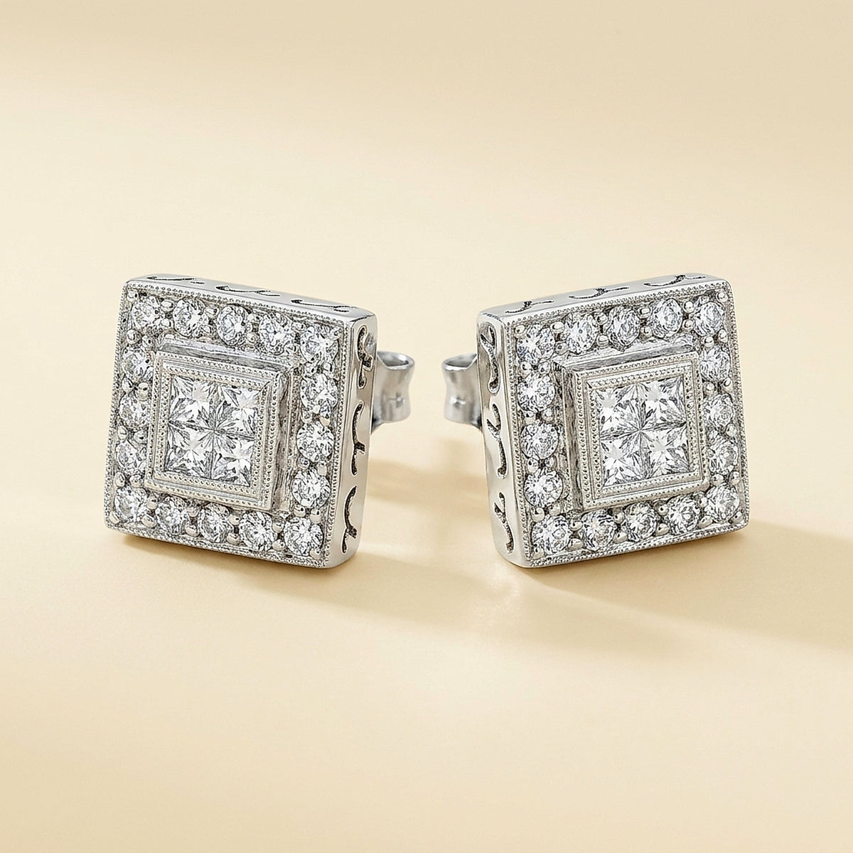 18k White Gold Square Cluster Earrings