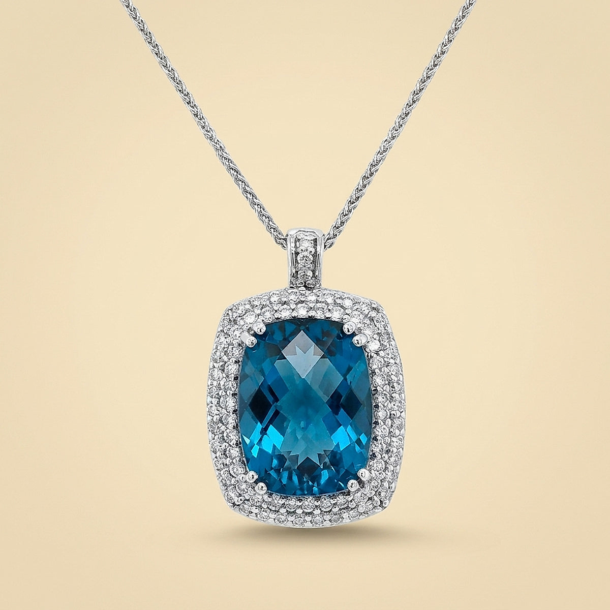 14k White Gold Blue Topaz & Diamond Pendant Necklace