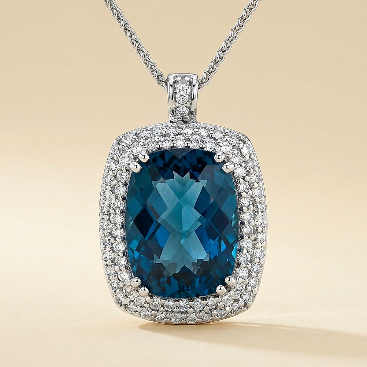 14k White Gold Blue Topaz & Diamond Pendant Necklace