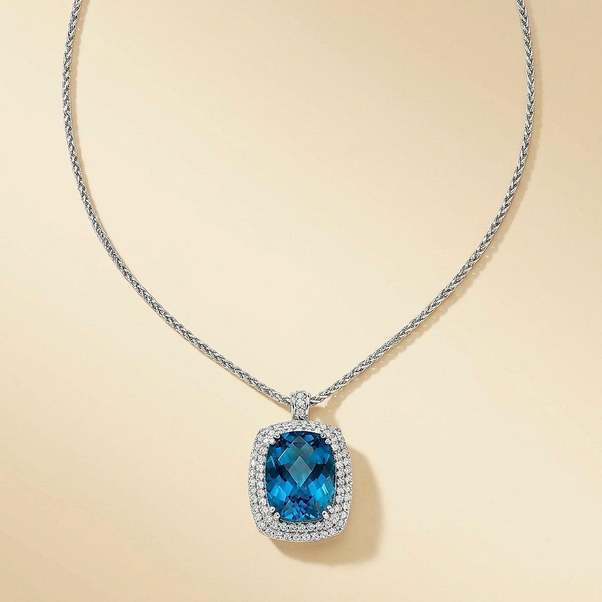 14k White Gold Blue Topaz & Diamond Pendant Necklace