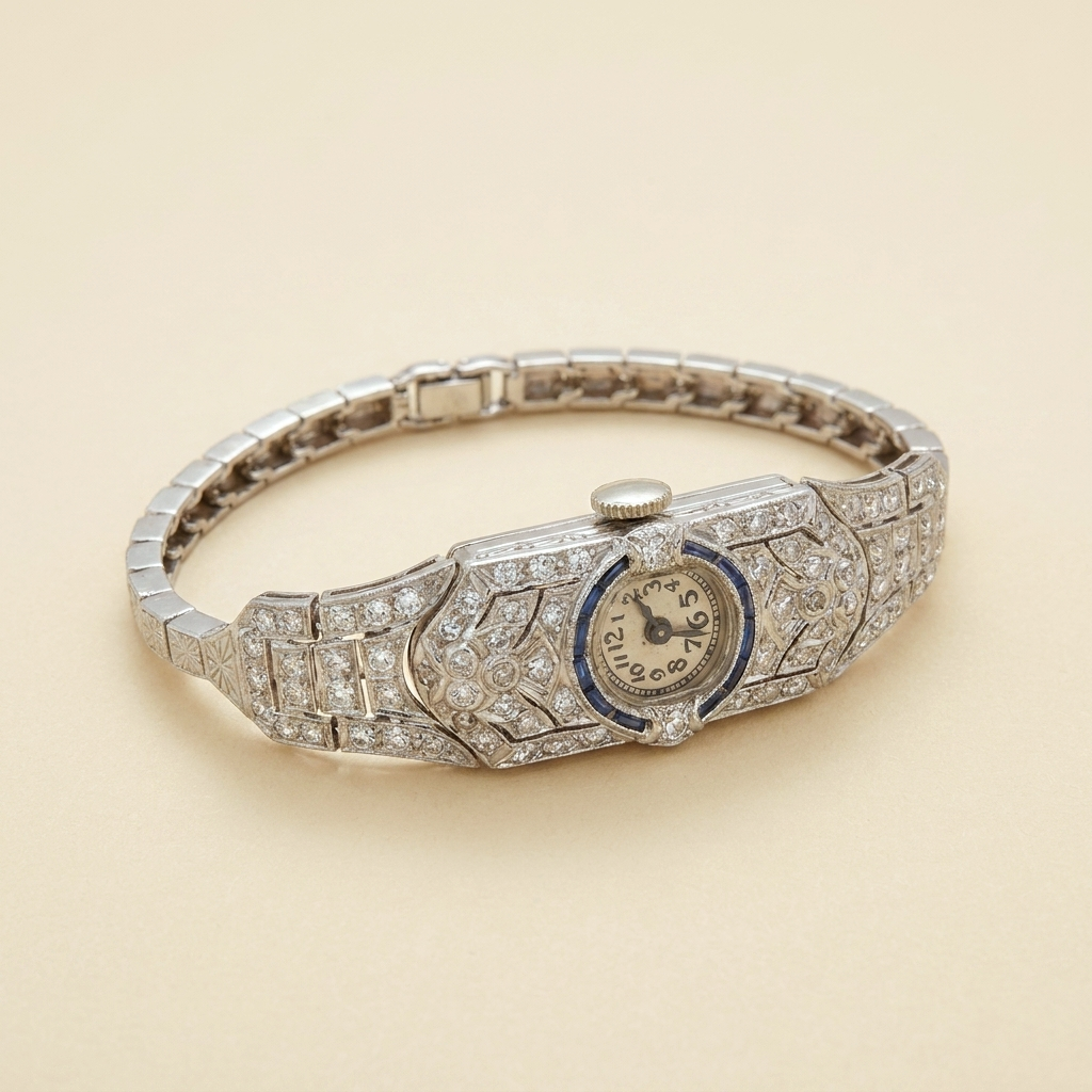 Art Deco Glycine Platinum & 14k White Gold Diamond Watch - alternate view