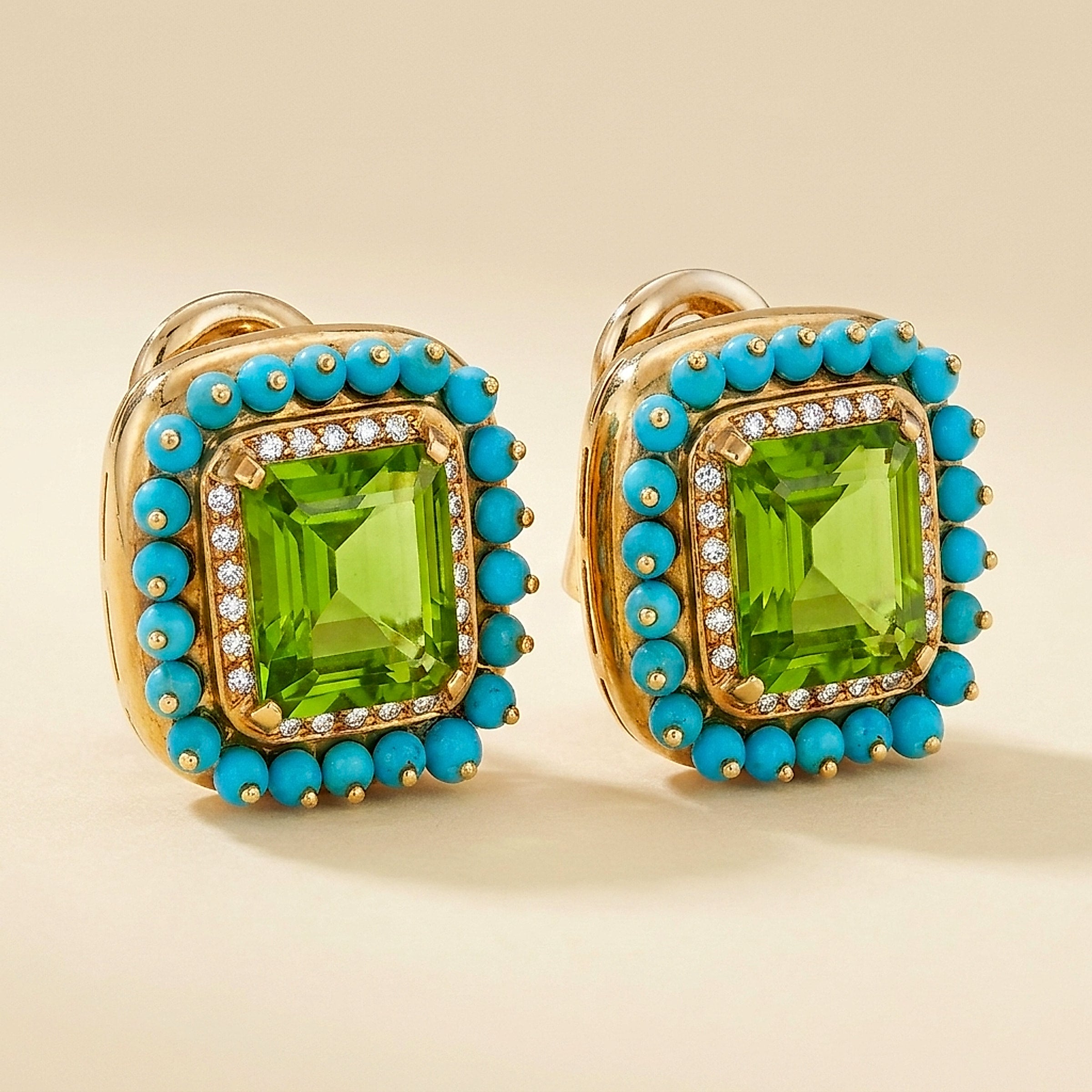 18k Yellow Gold Diamond, Turquoise, and Peridot Earclips