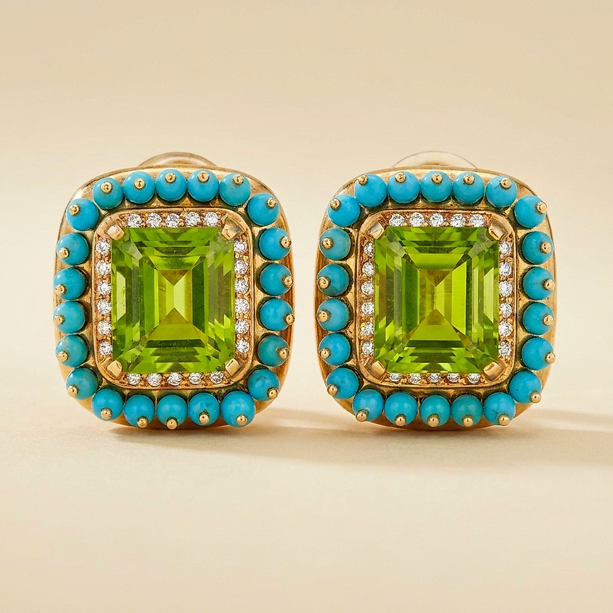 18k Yellow Gold Diamond, Turquoise, and Peridot Earclips