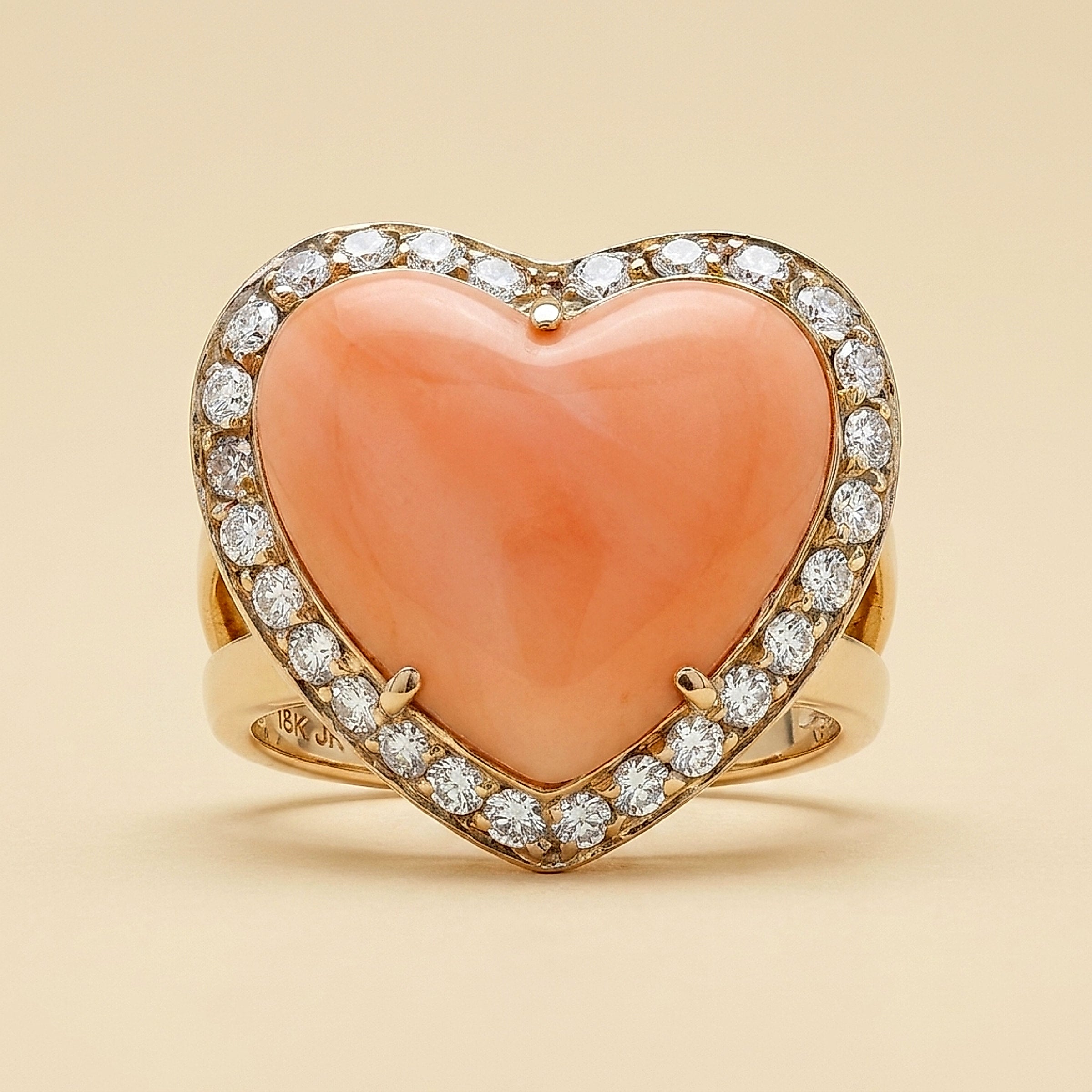 18k White Gold Pink Coral Heart and Diamond Ring