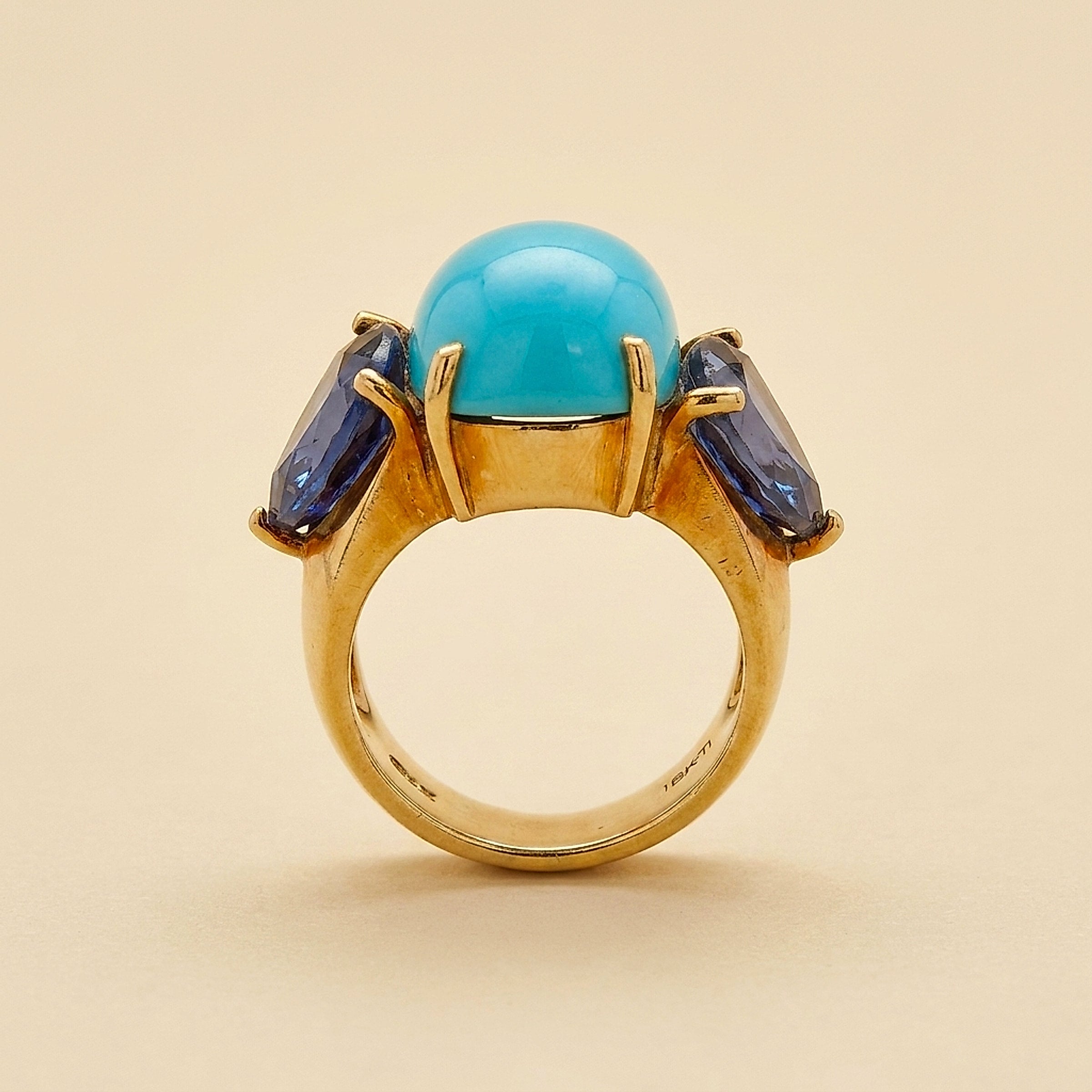 18k Yellow Gold Turquoise and Tanzanite Cocktail Ring