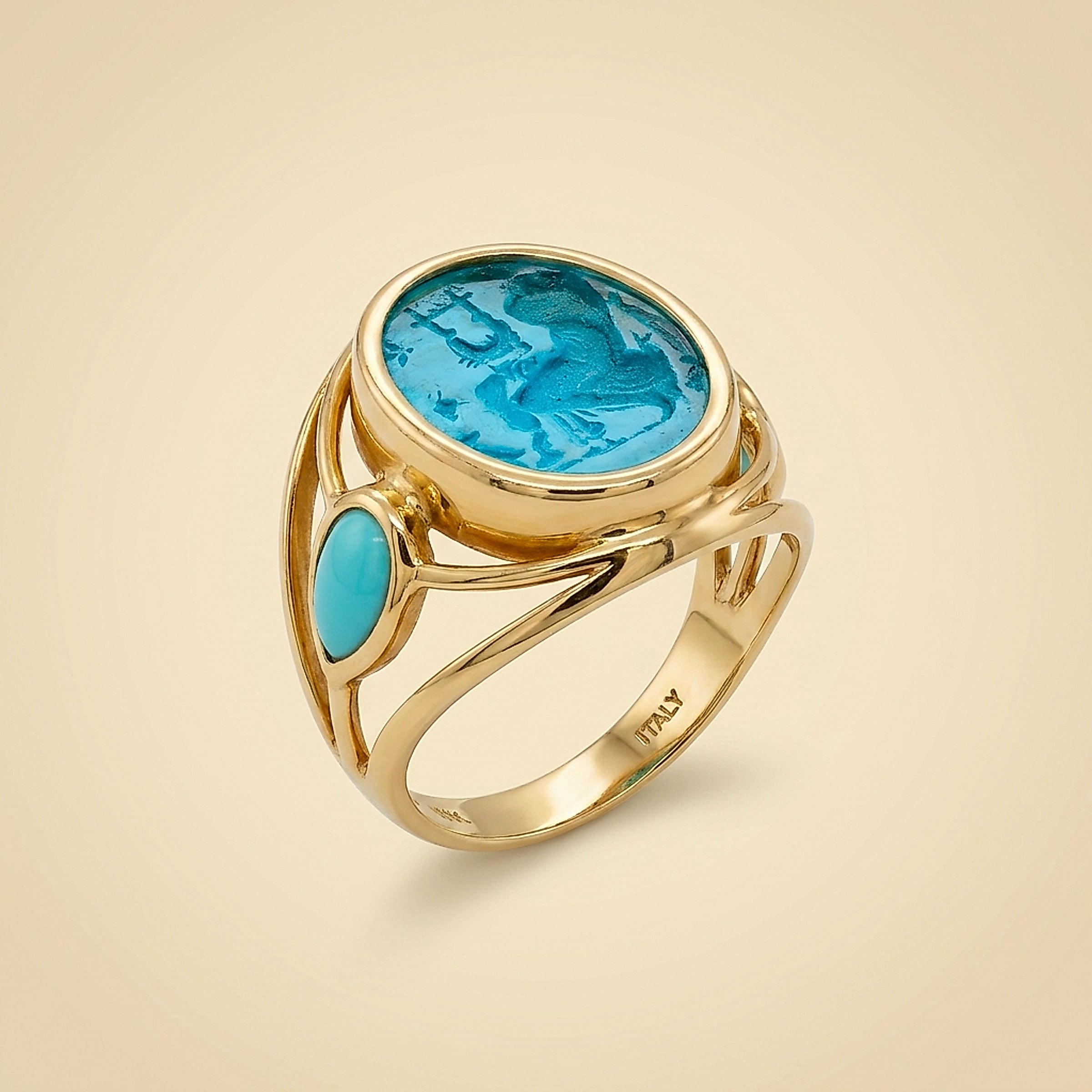 14k Yellow Gold Intaglio Ring with Turquoise accents