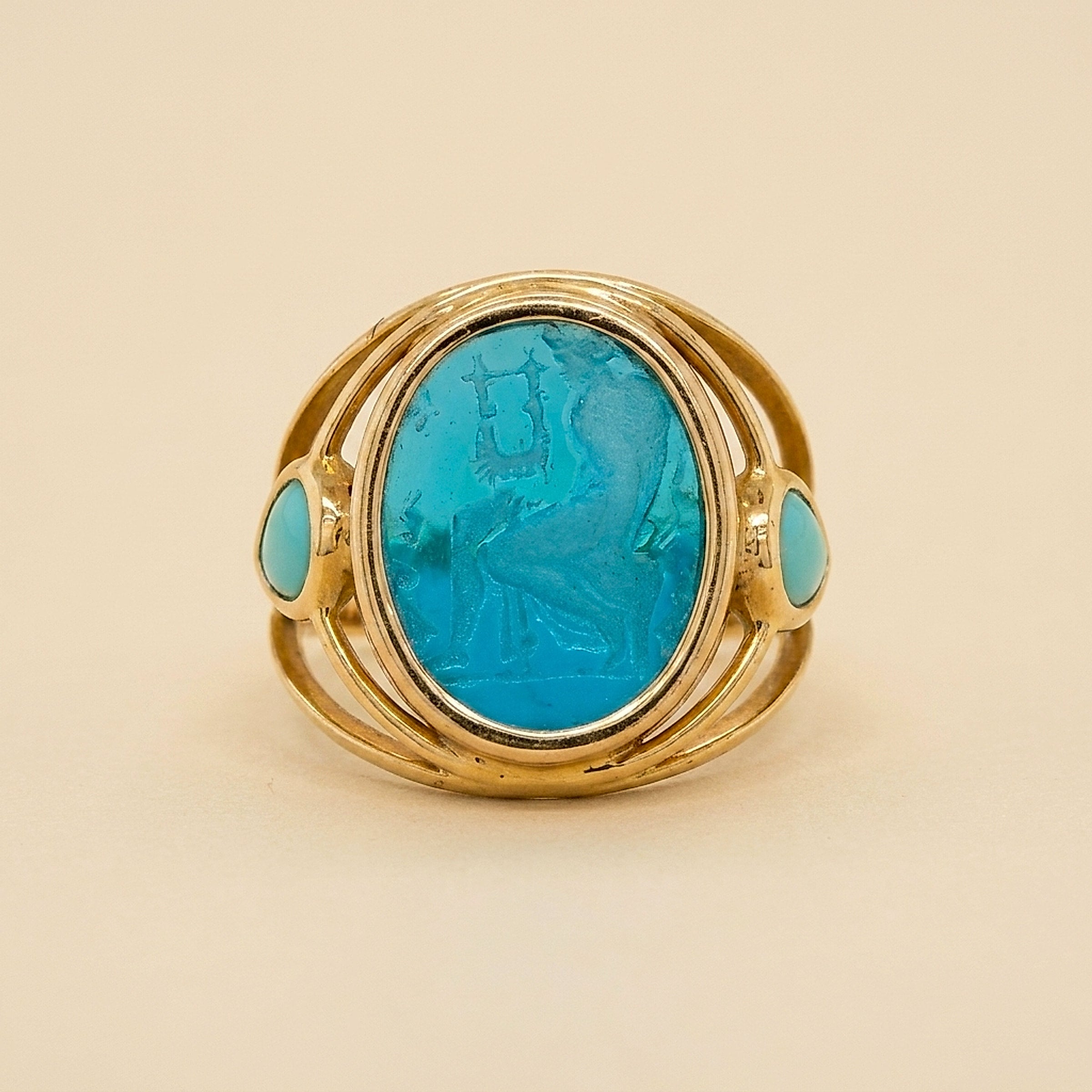 14k Yellow Gold Intaglio Ring with Turquoise accents