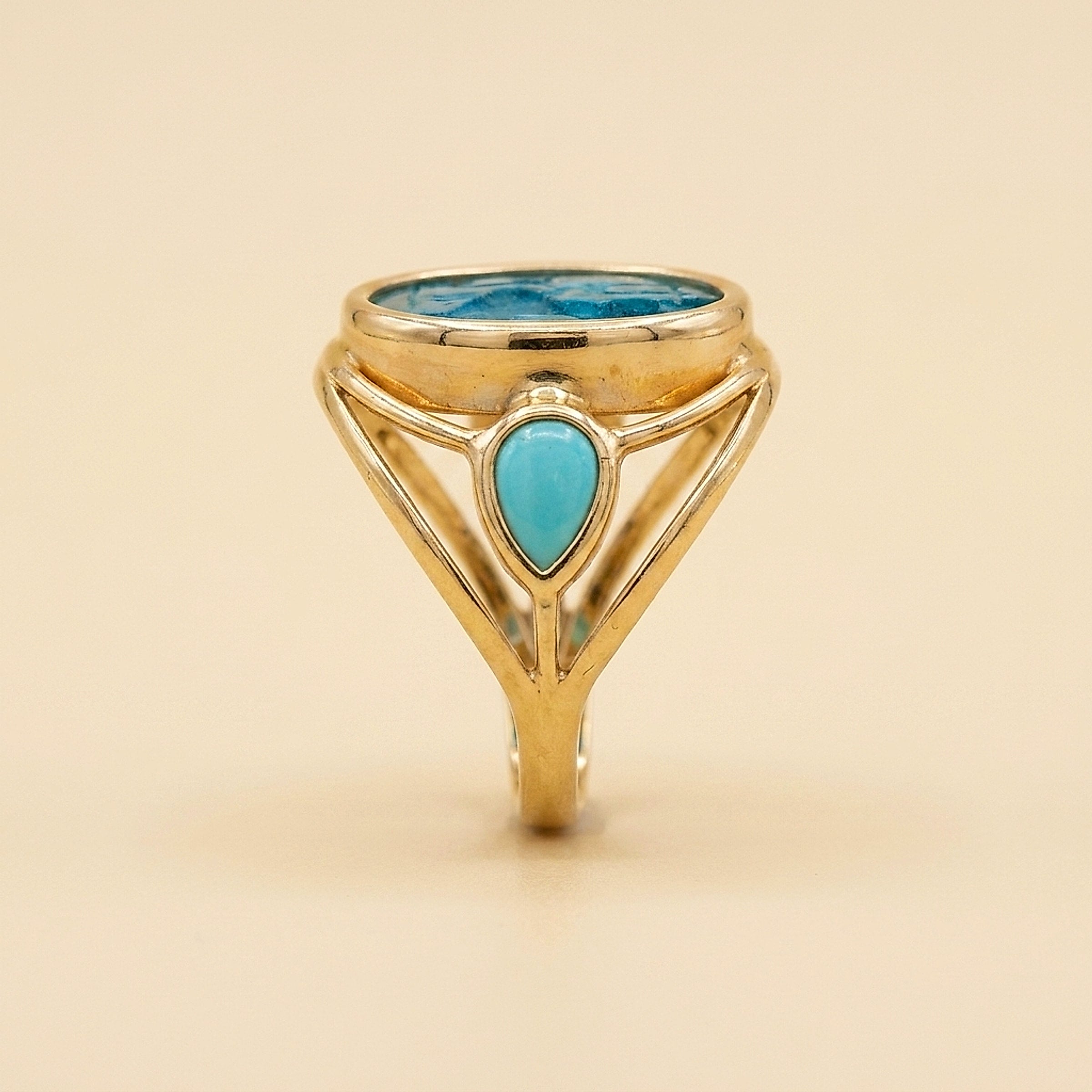 14k Yellow Gold Intaglio Ring with Turquoise accents