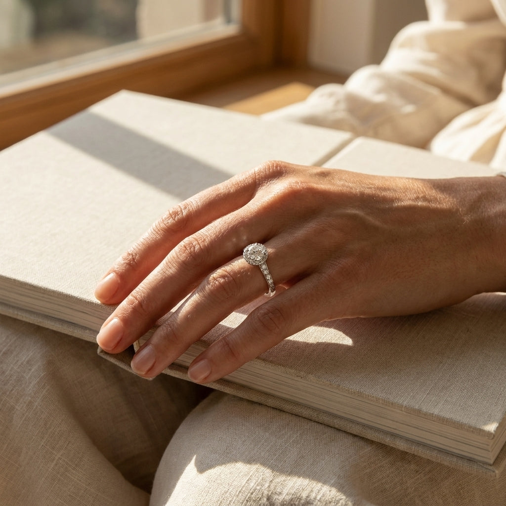 White Gold Diamond Halo Engagement Ring - editorial