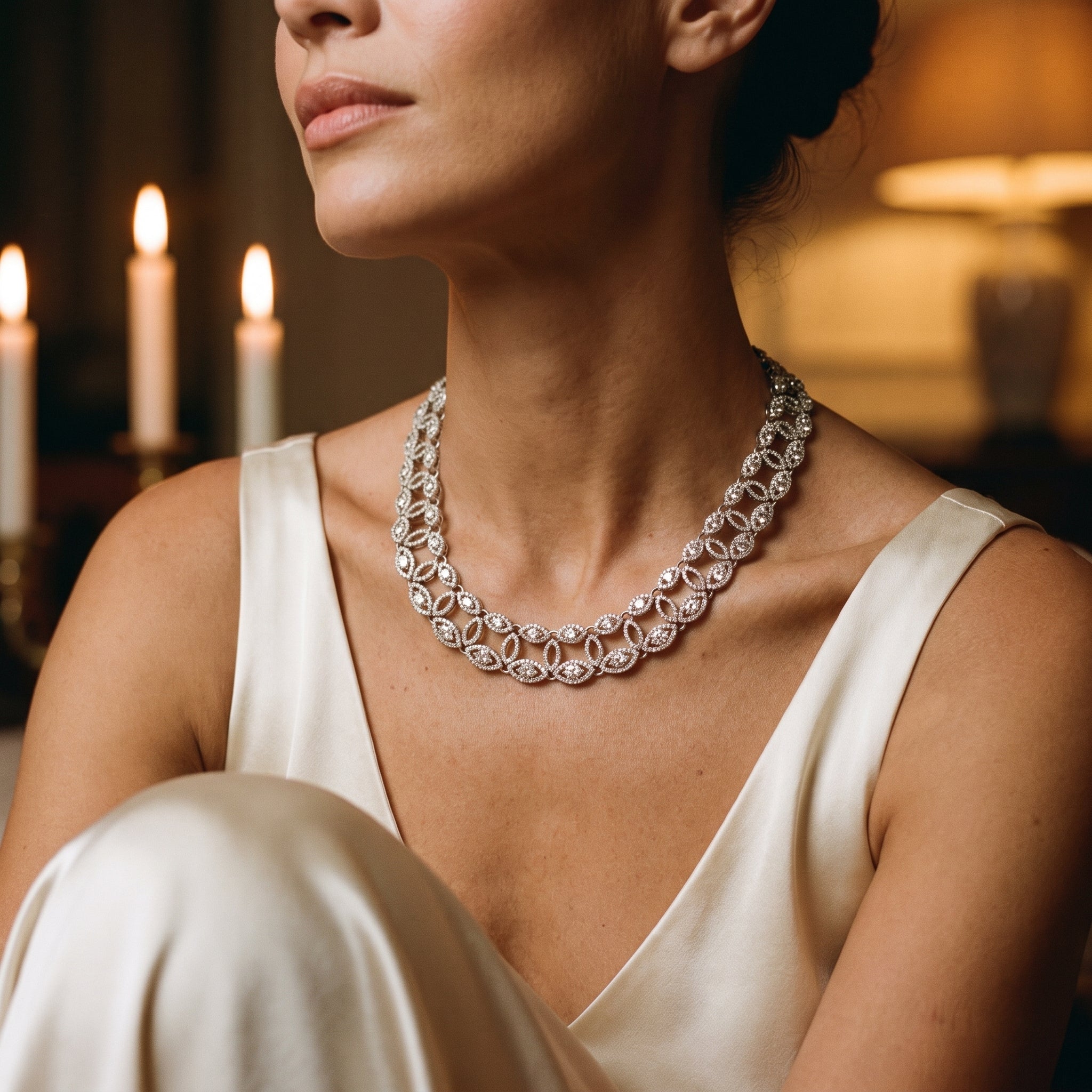 Garavelli, Italy, White Gold Marquise Link Diamond Choker — shown worn, second view