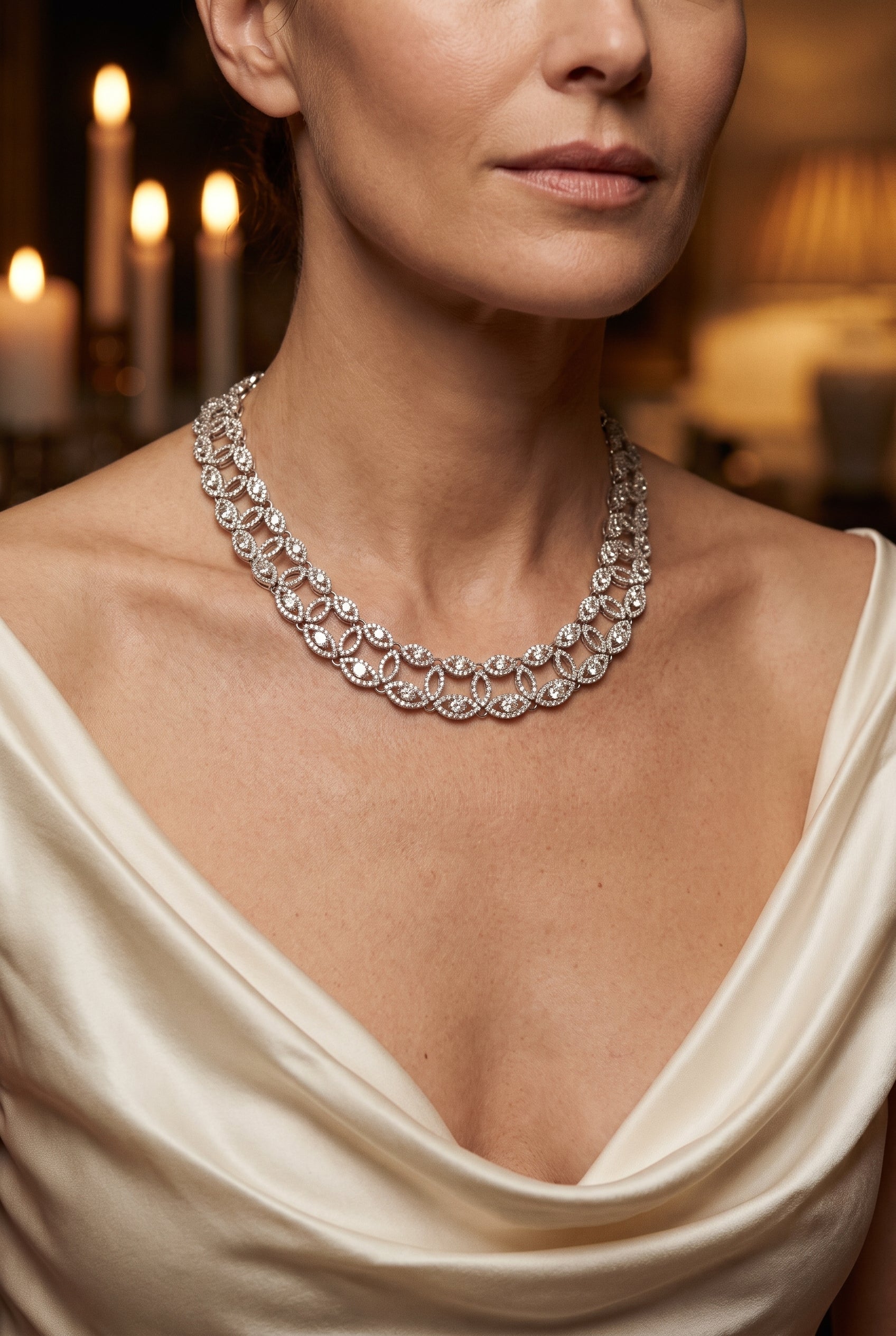 Garavelli, Italy, White Gold Marquise Link Diamond Choker — shown worn