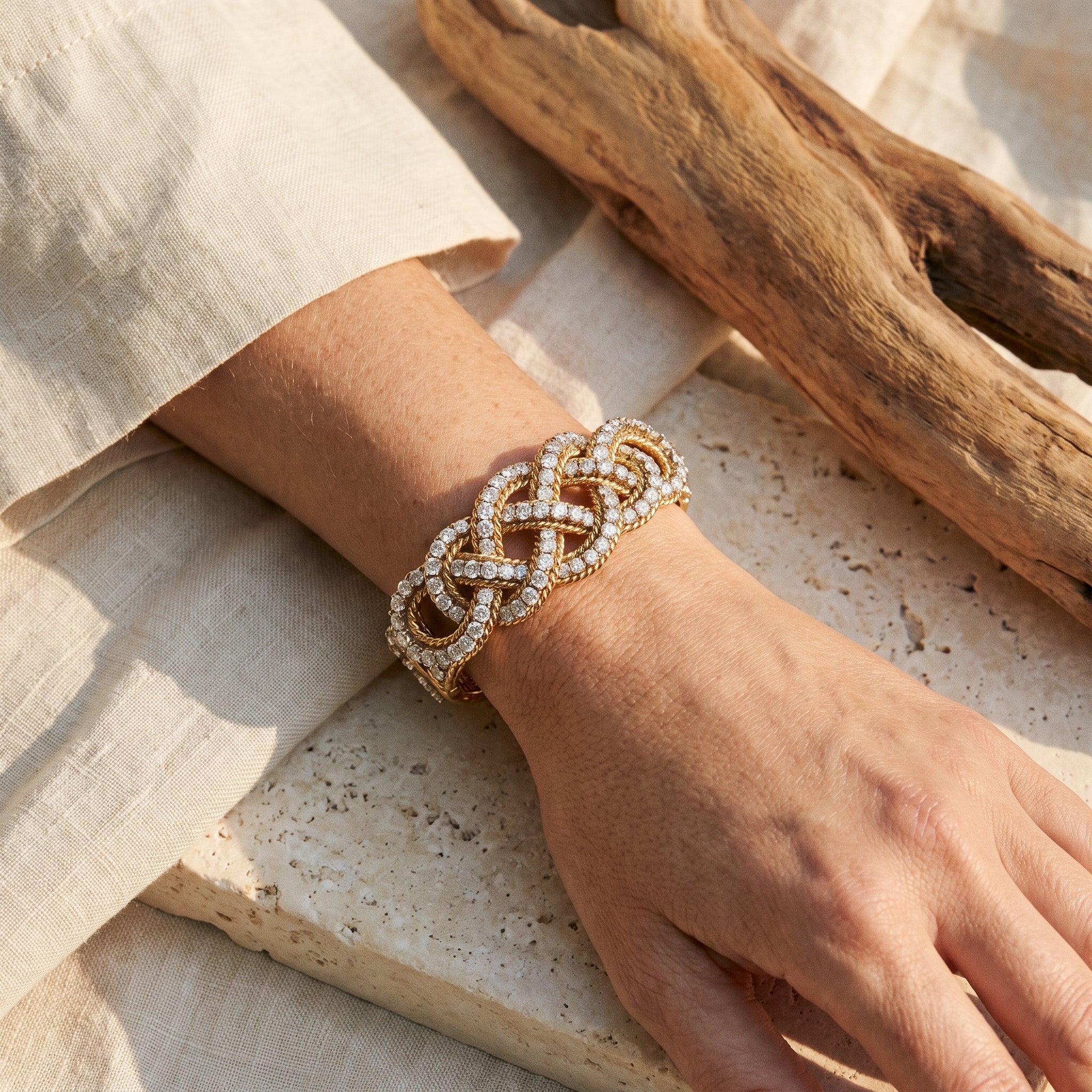 14k Yellow Gold Diamond Bangle Bracelet — shown worn