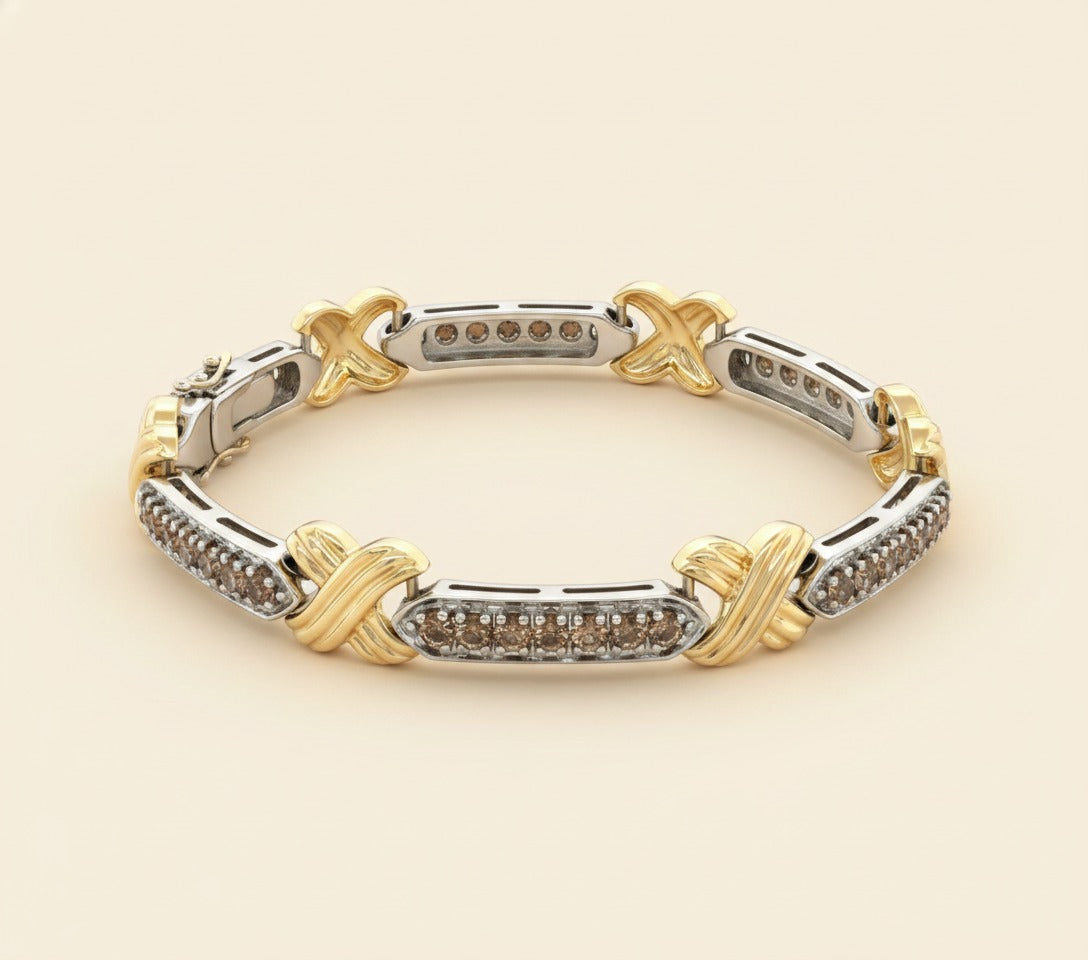 14K 2-Tone Chocolate Diamond & Ribbed "X" Link Bracelet