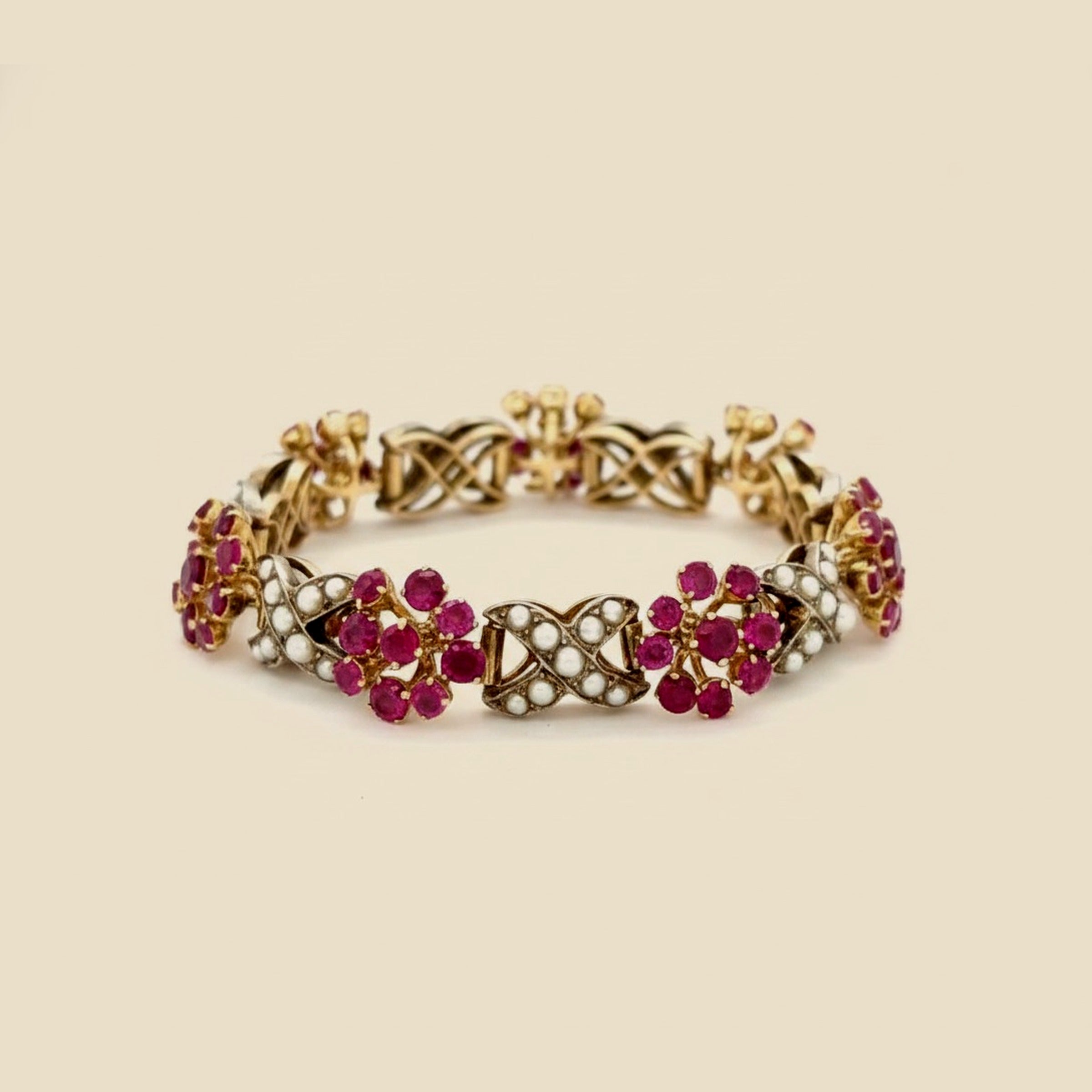 14k Alternating Seed Pearl & Ruby Bracelet