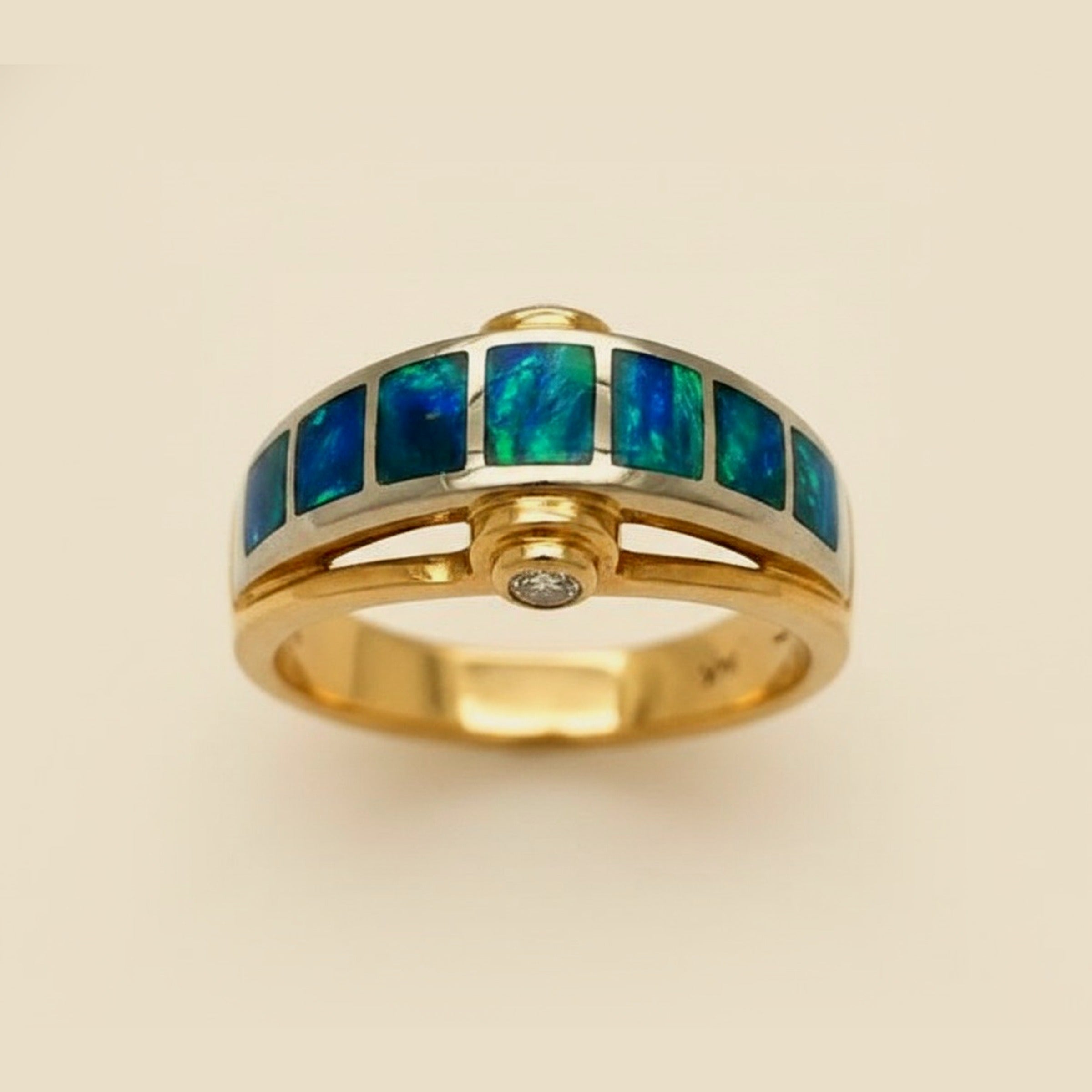 14K Yellow Gold Sectional Opal and Diamond Dome Ring