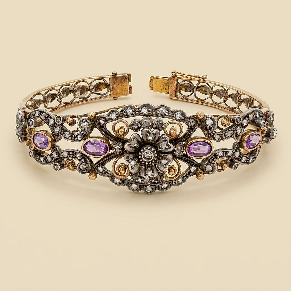 Edwardian Rose Gold & Silver Diamond and Amethyst Bangle Bracelet