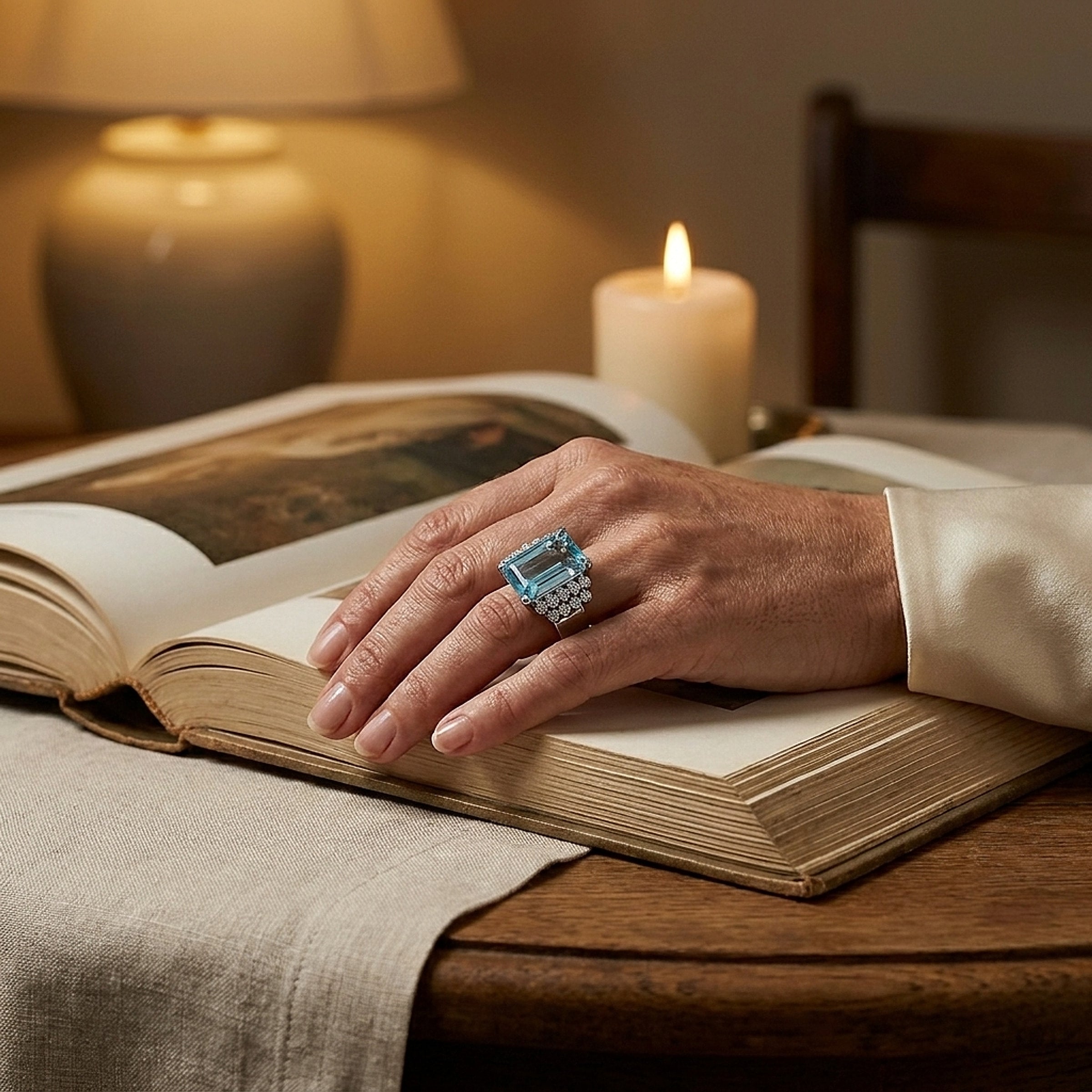 18K White Gold Aquamarine & Diamond Cocktail Ring