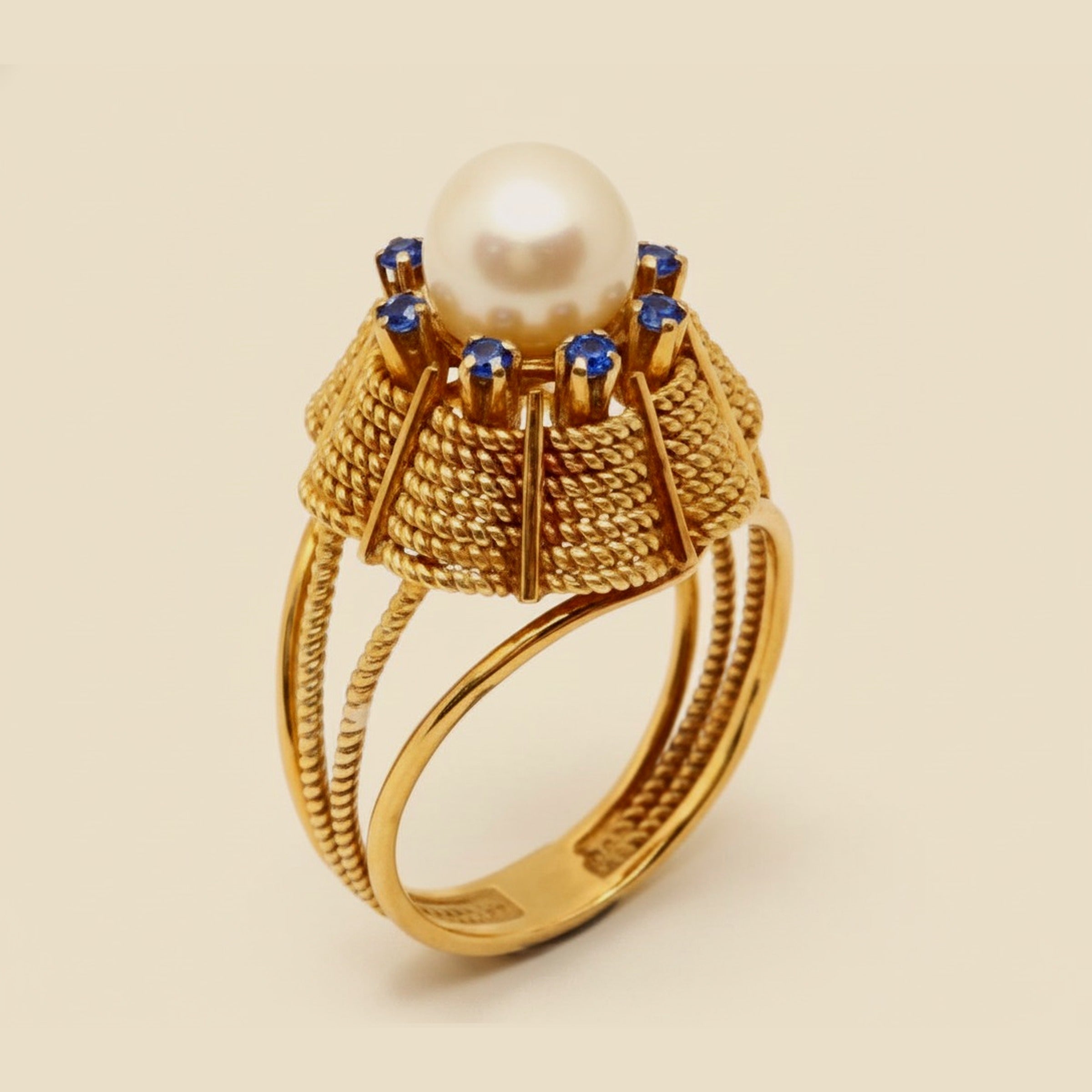 18K Cable Pearl & Blue Stone Braided Dome Ring – Empire Diamond