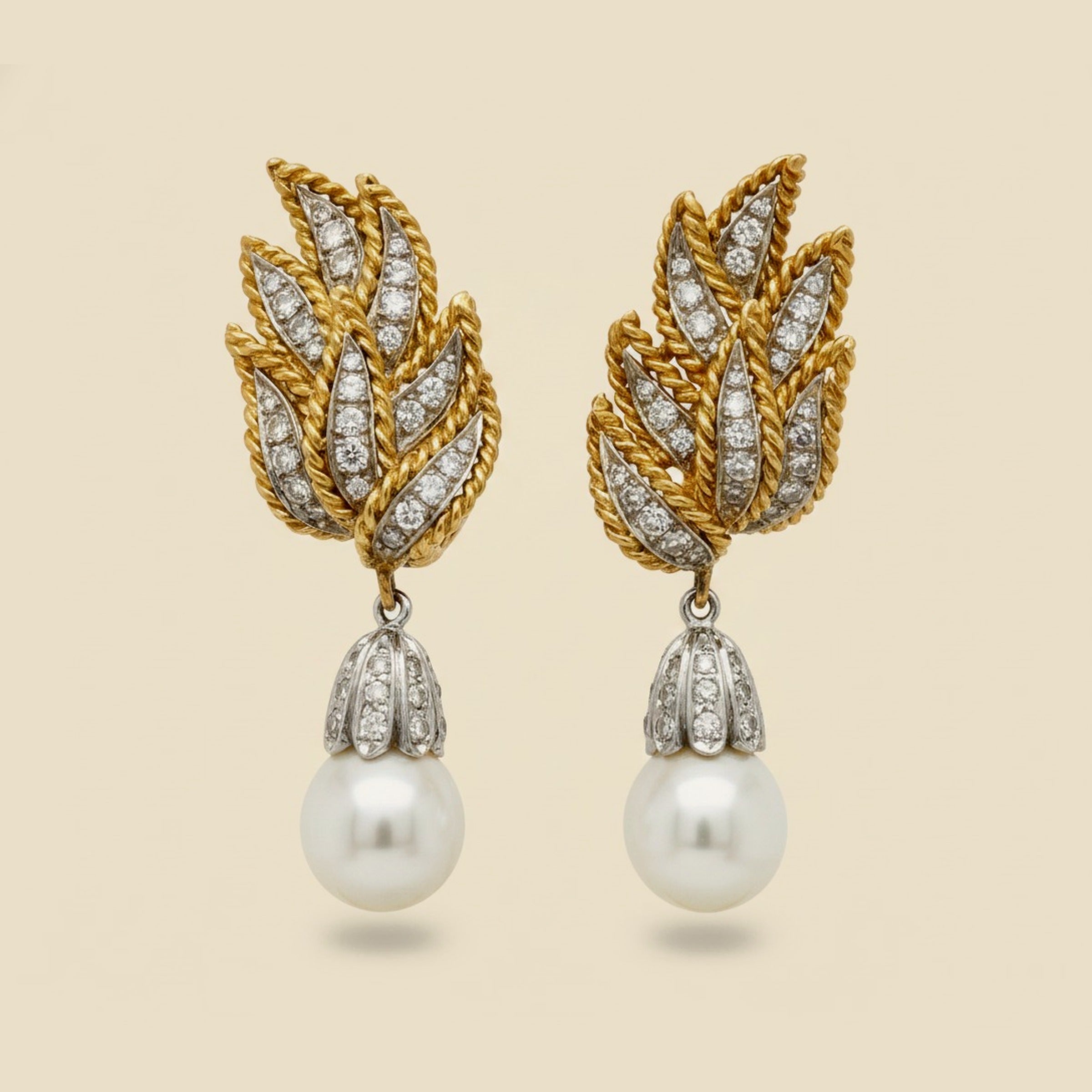 2 Tone 18k Diamond and South Sea Pearl Drop Earrings