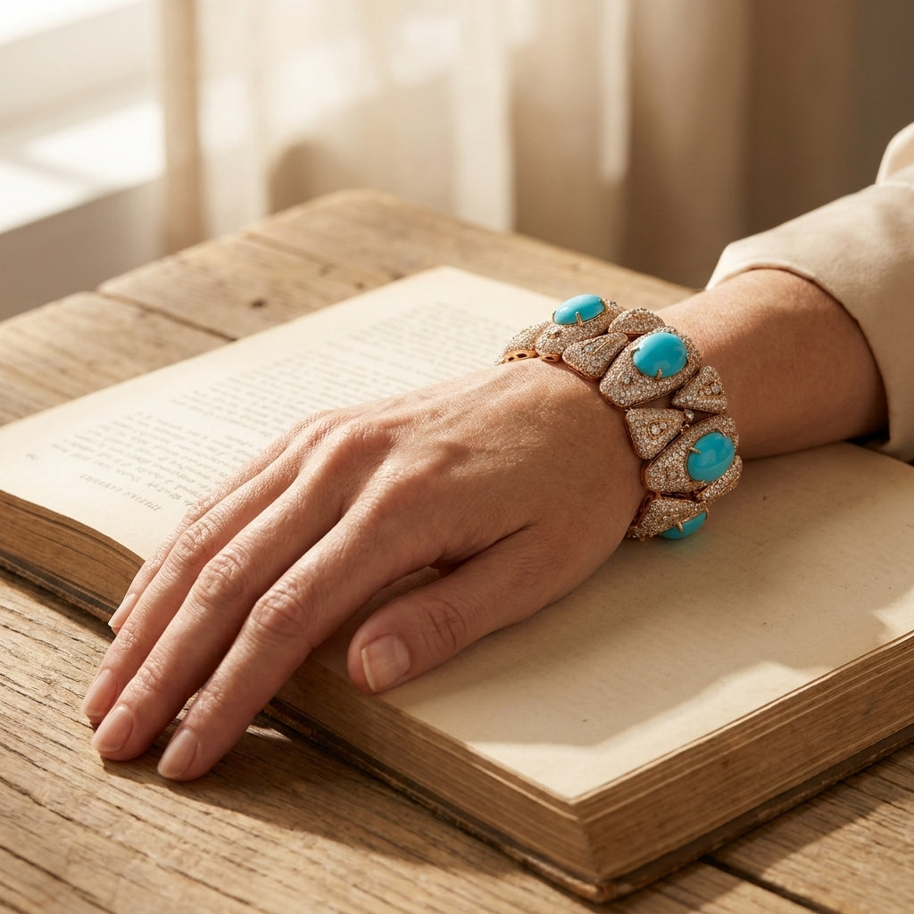 Rose gold triangular link bracelet with turquoise and pave diamonds worn on a wrist over an open book, editorial lifestyle photo