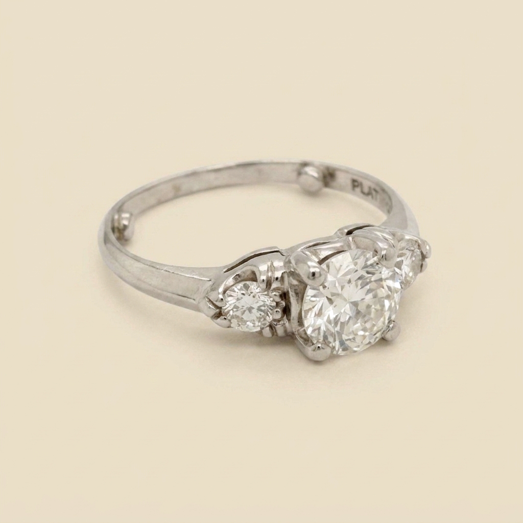 Art Deco Platinum 3 Diamond Engagement Ring - alternate view