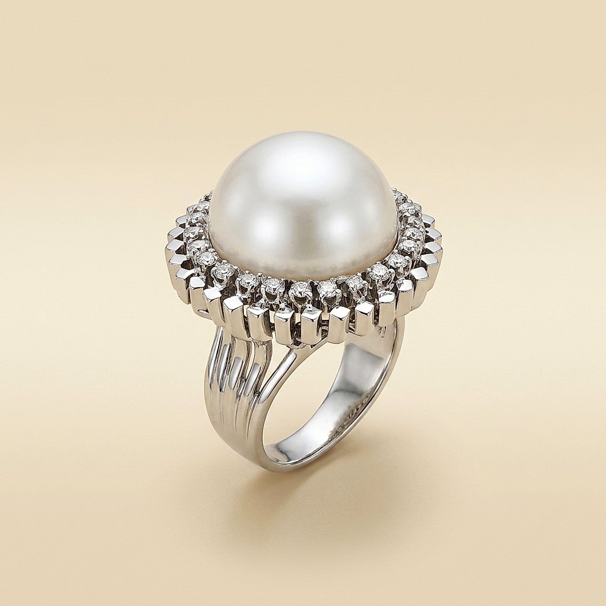 White Gold Mabe Pearl and Diamond Cocktail Ring