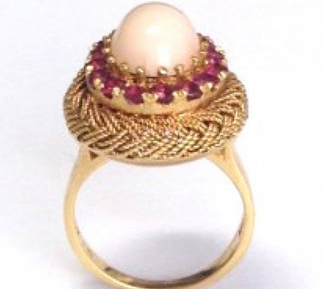 Pink Coral & Ruby Cluster Basket Weave Ring – Empire Diamond – view 3
