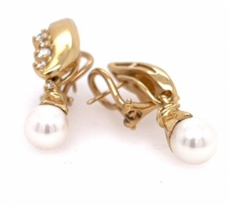 Yellow Gold Diamond & Cultured Pearl Tassel Earrings – Empire Diamond – view 2