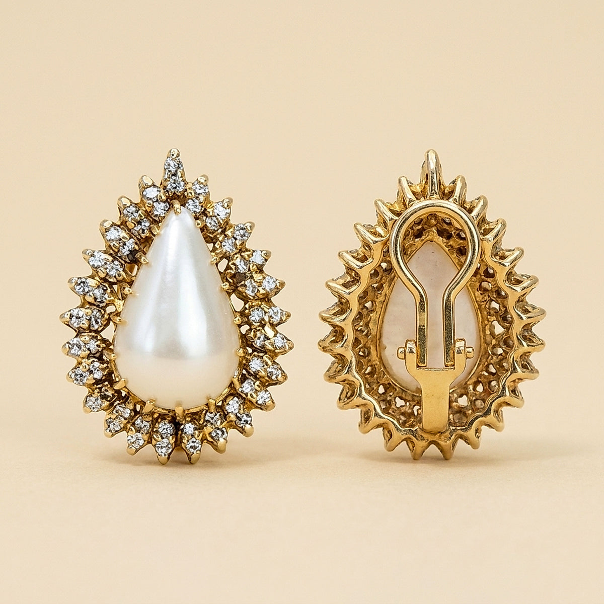 Pair of Yellow Gold Pear Shaped Mabe Pearl & Diamond