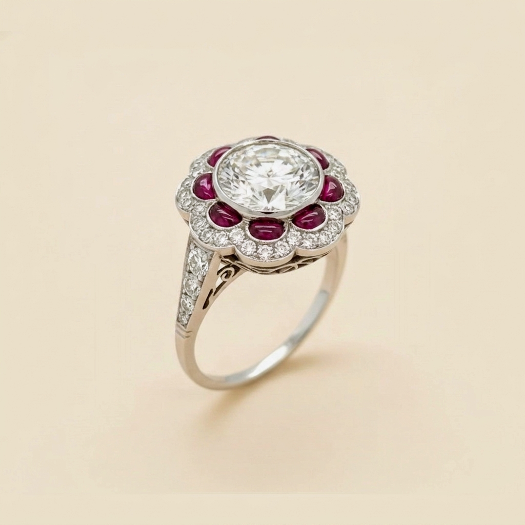 Art Deco Platinum Diamond & Ruby Engagement Ring - alternate view