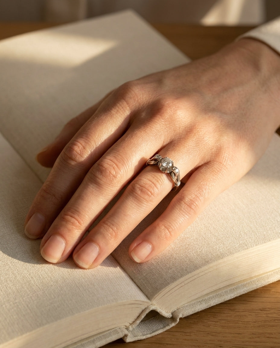 Platinum Art Deco 3-Stone Love Knot Ring - editorial