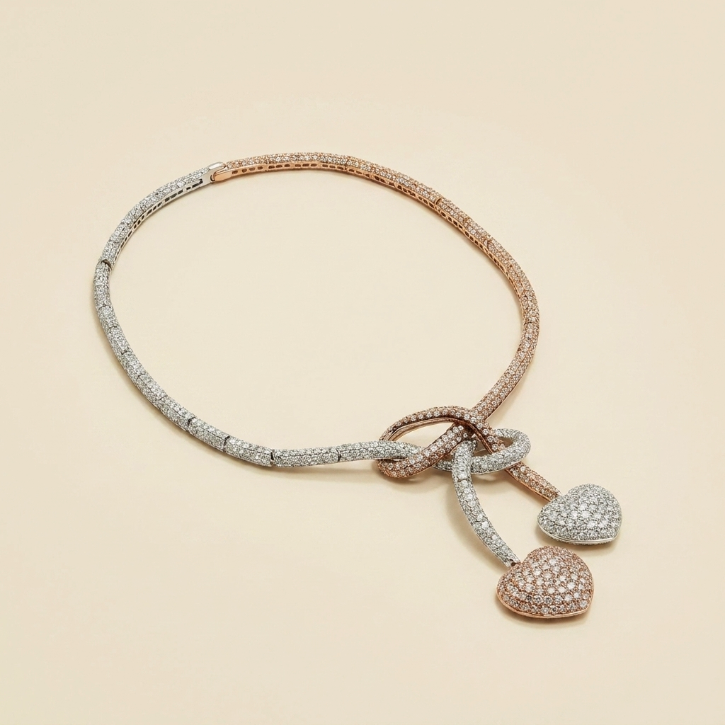 Two Tone 18k Diamond Heart Tassel Necklace - alternate view