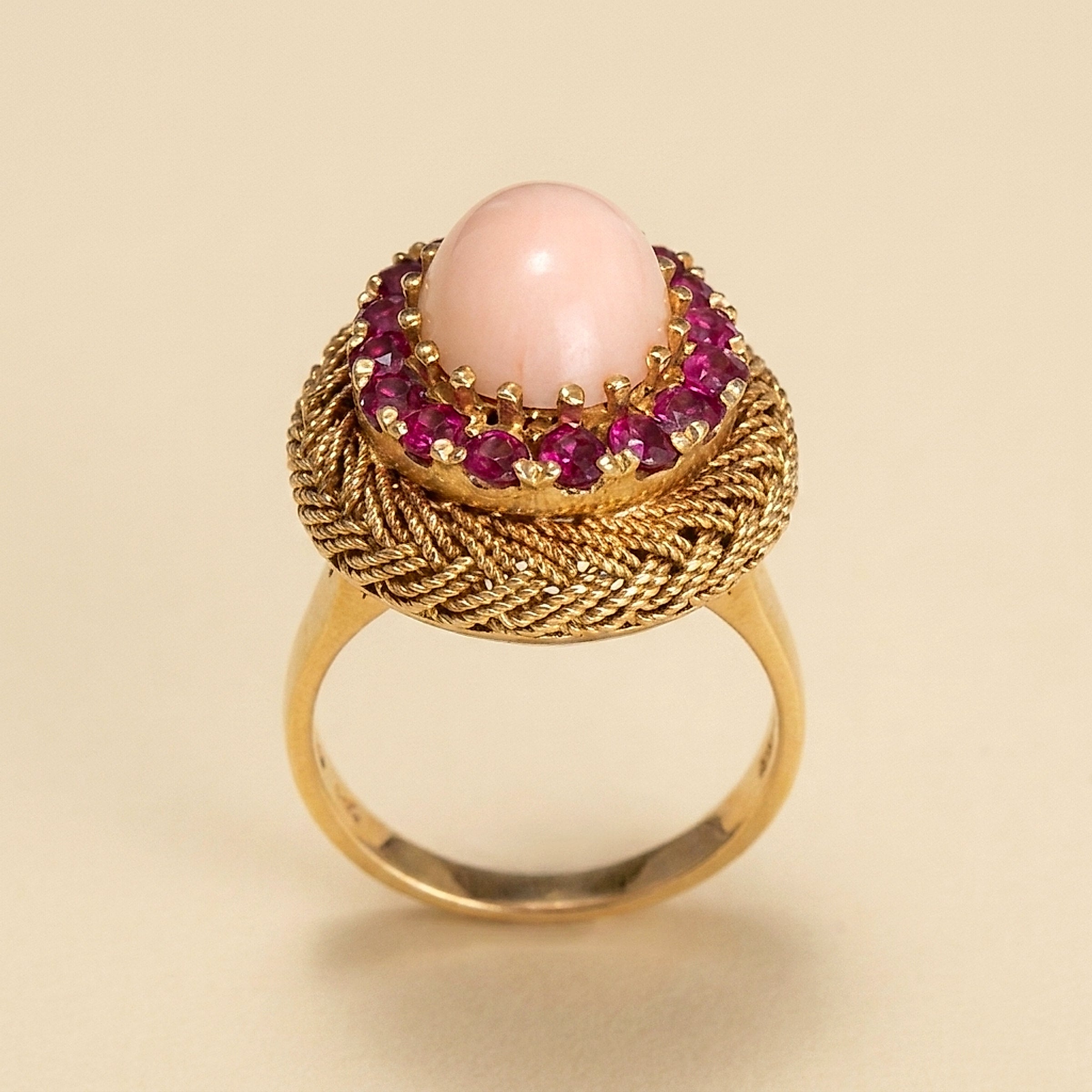 Pink Coral & Ruby Cluster Basket Weave Ring