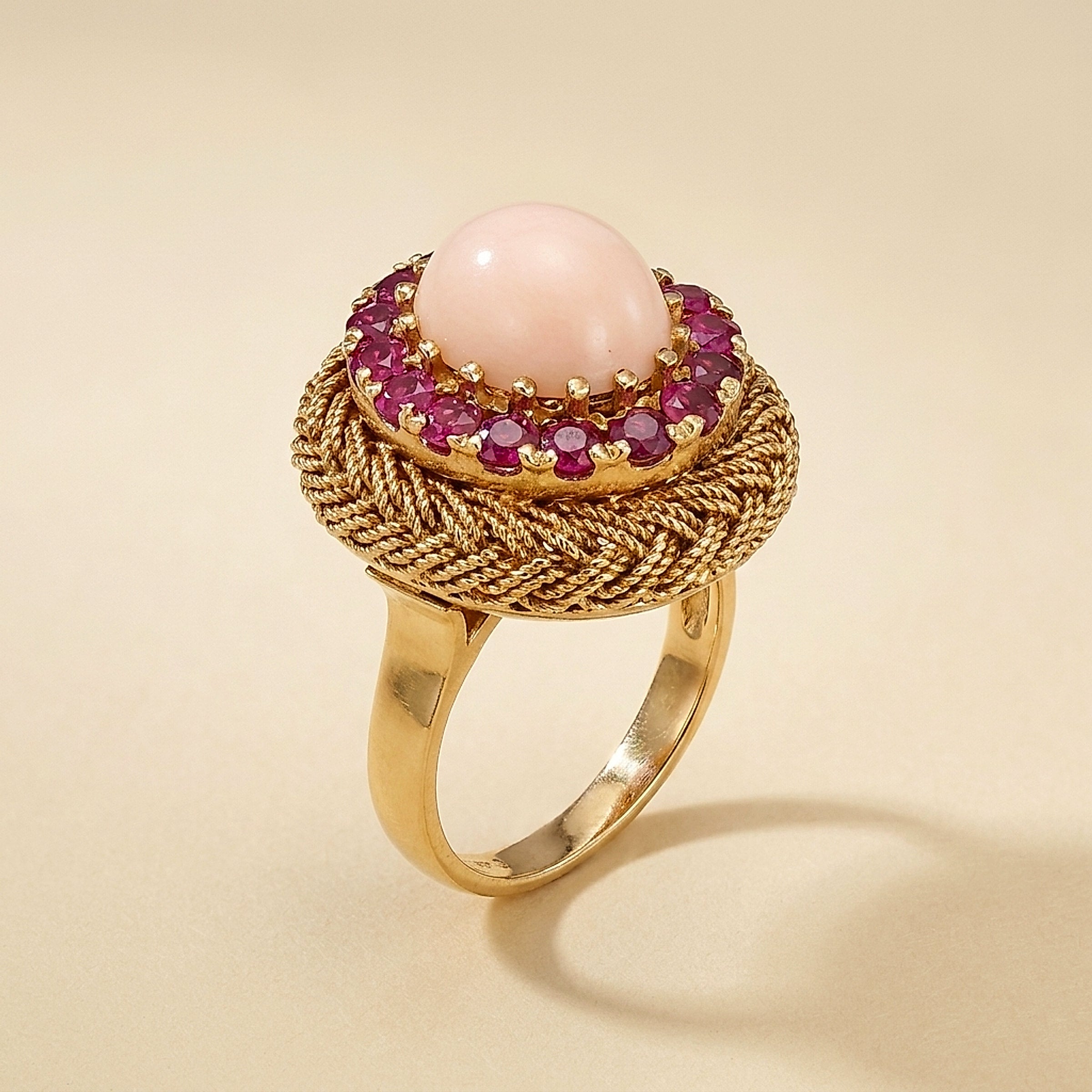 Pink Coral & Ruby Cluster Basket Weave Ring