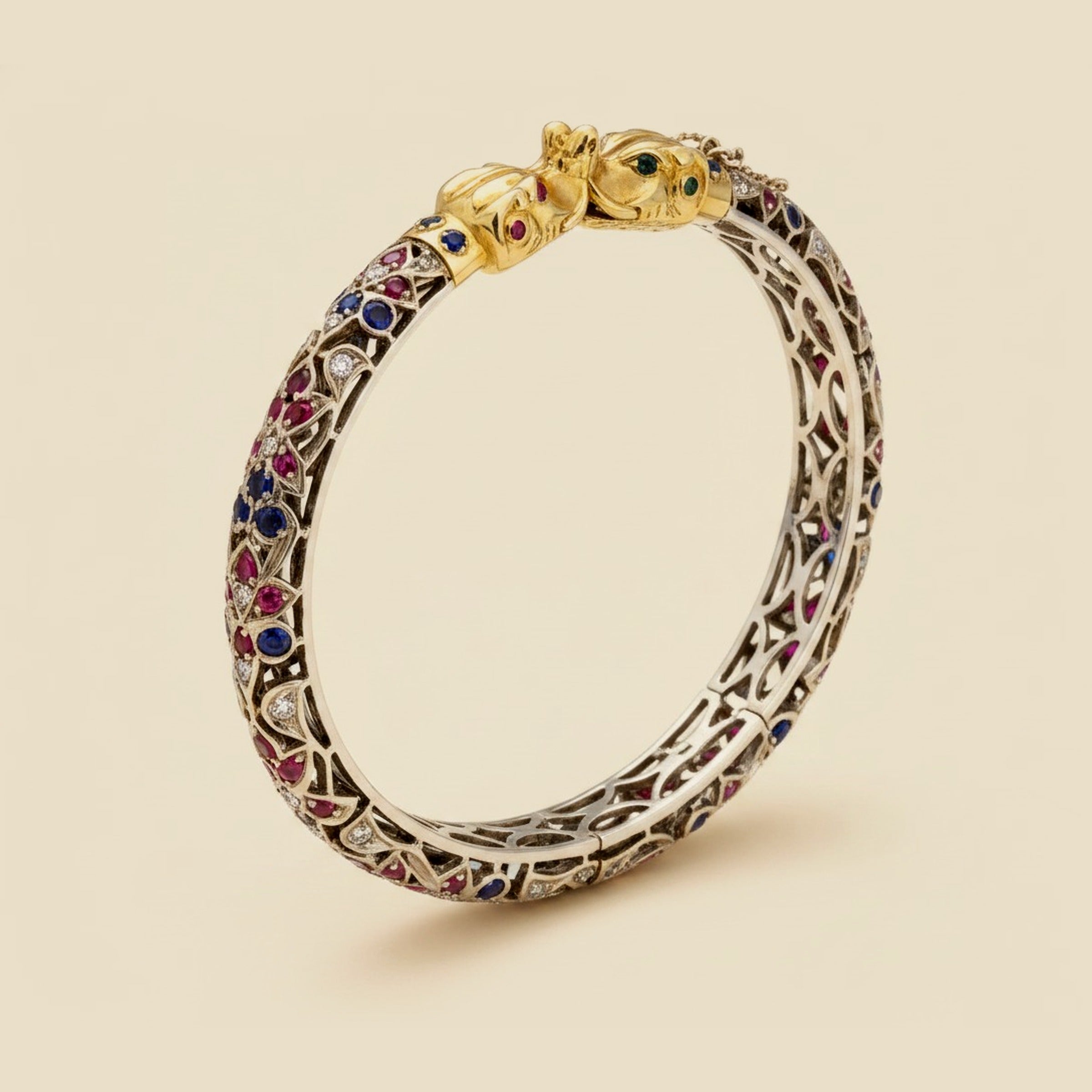 9K Rose Gold Sapphire and Ruby Twin Elephant Head Bangle – Empire Diamond
