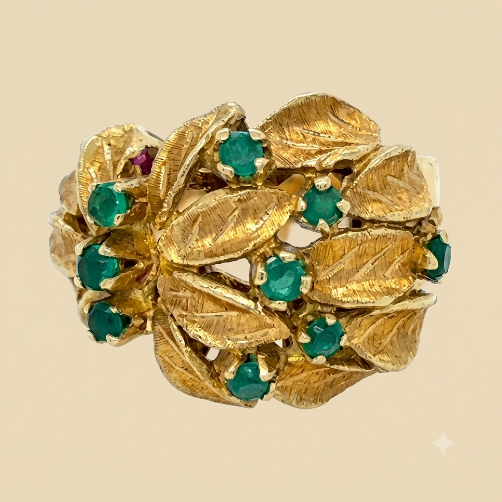 18K Brushed Yellow Gold Gold Palm Tree with Emeralds