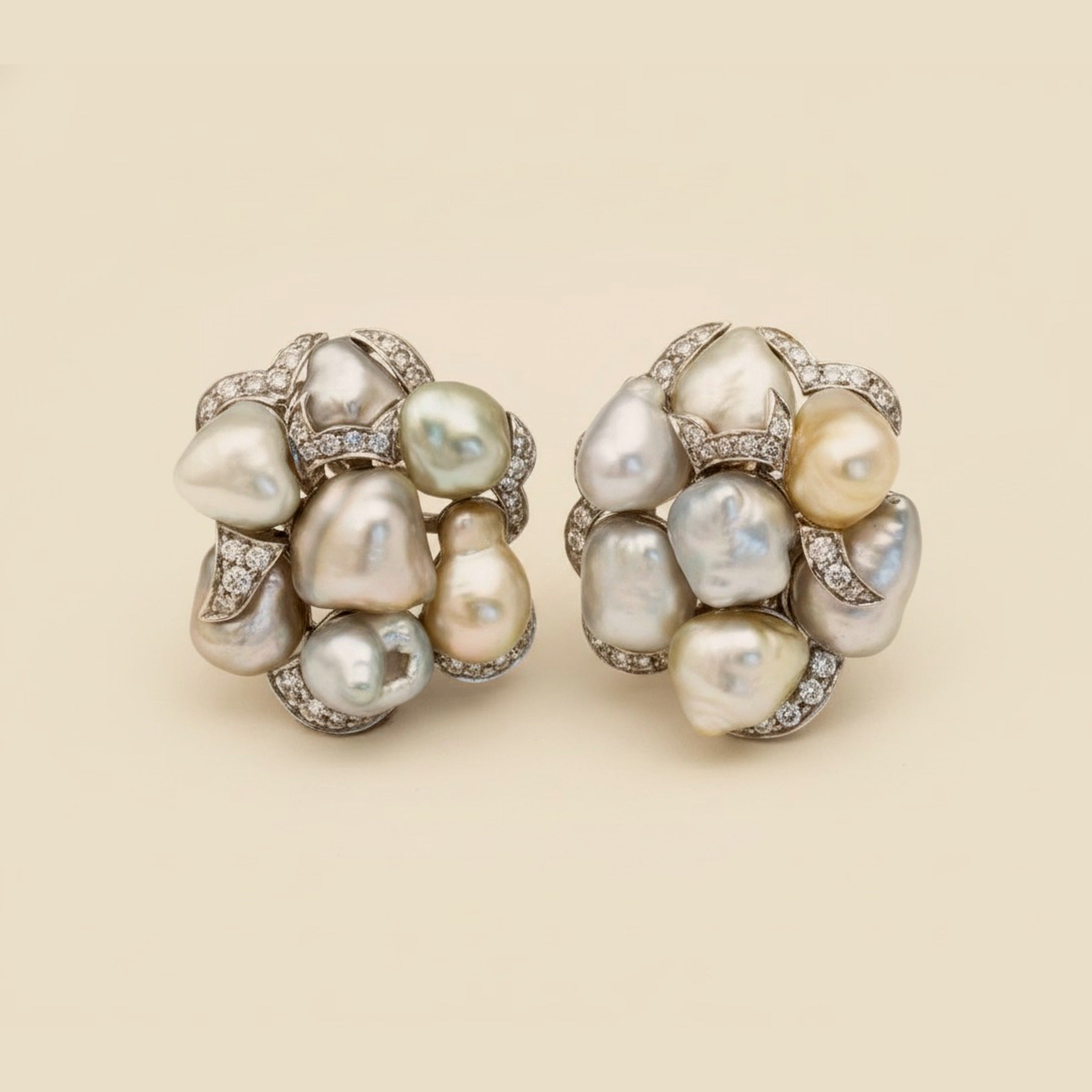 Large White Gold Fresh Water Pearl & Diamond Earrings