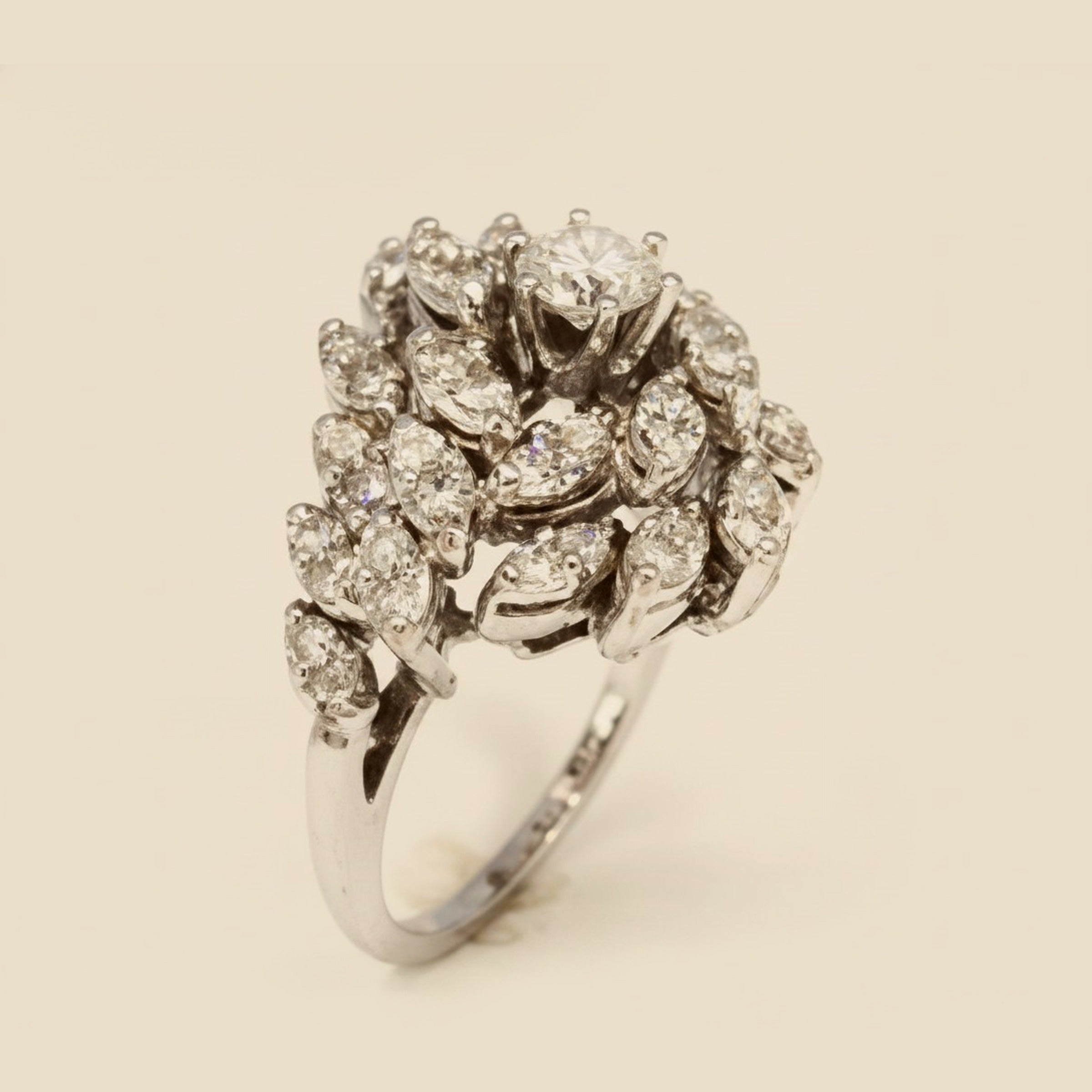 14K White Gold Diamond Cluster Ring with 35 Single-Cut Diamonds