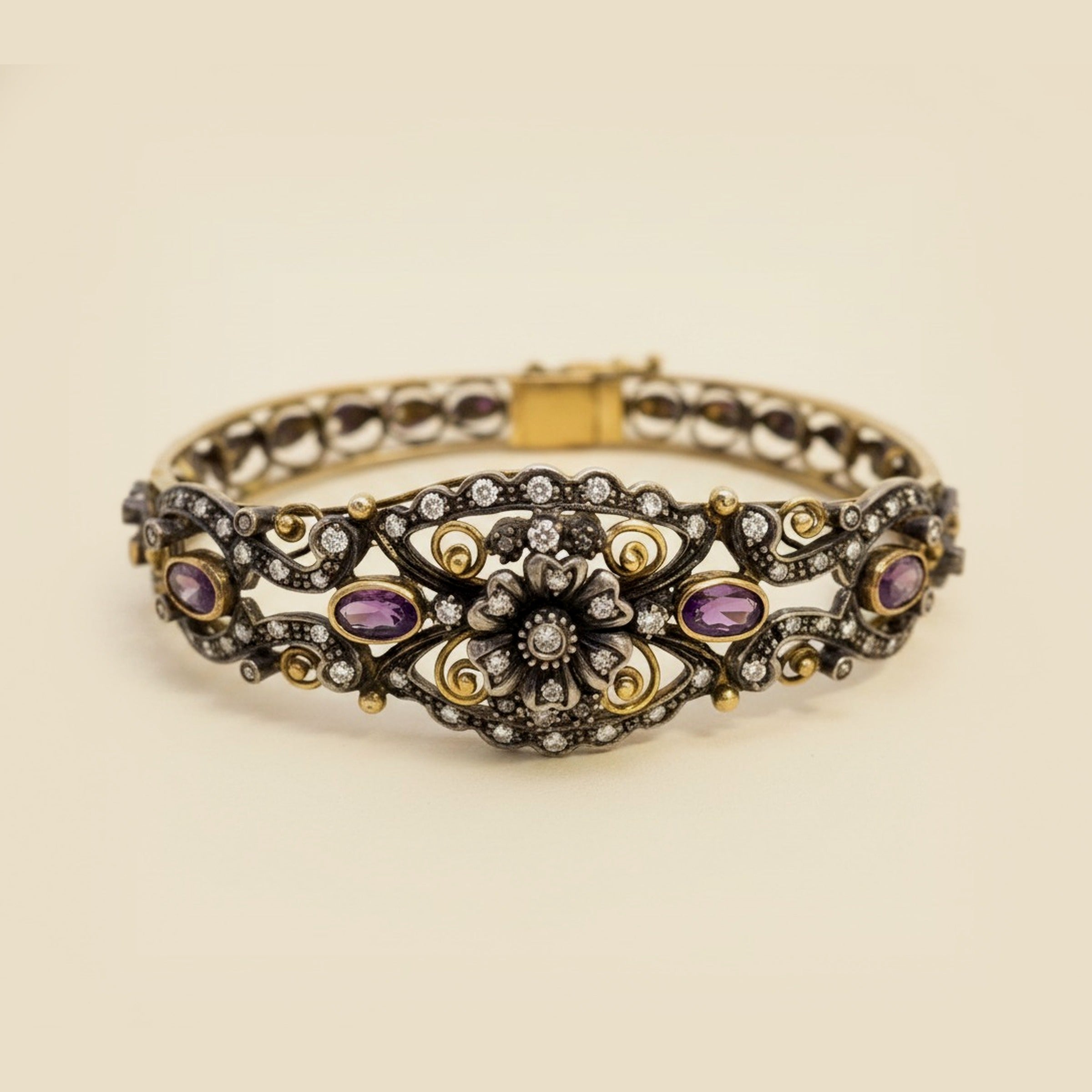Edwardian Rose Gold & Silver Diamond and Amethyst Bangle Bracelet