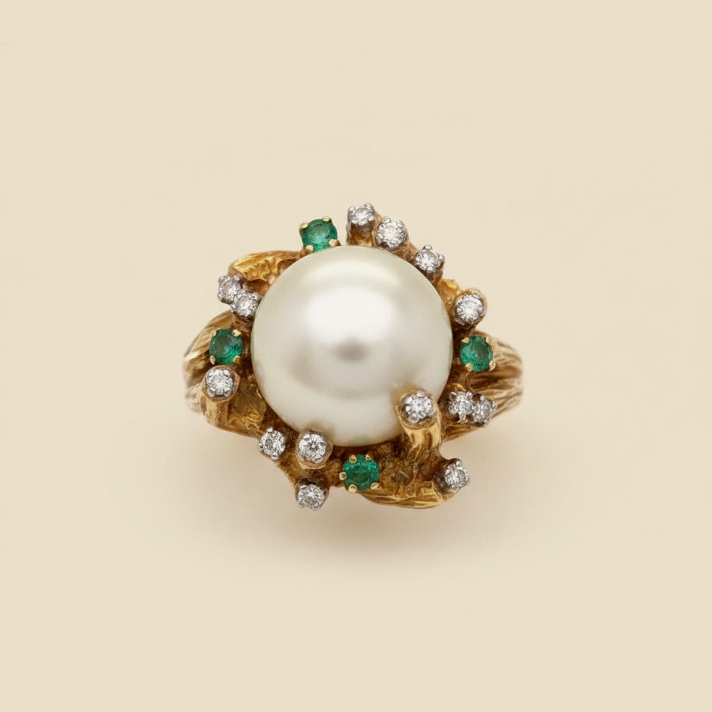 18K Baroque South Sea Pearl Diamond & Emerald Tree Branch Ring