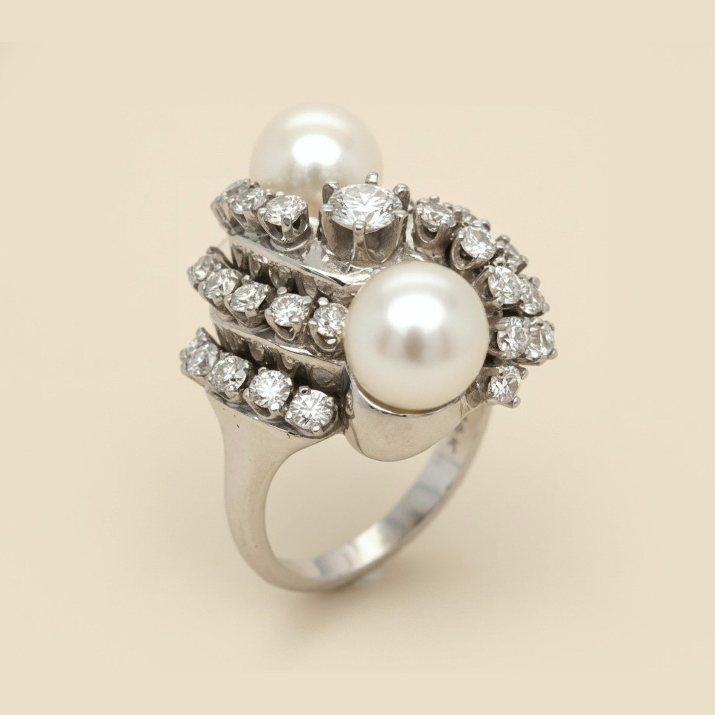 White Gold Twin Pearl & Diamond Cluster Cocktail Ring