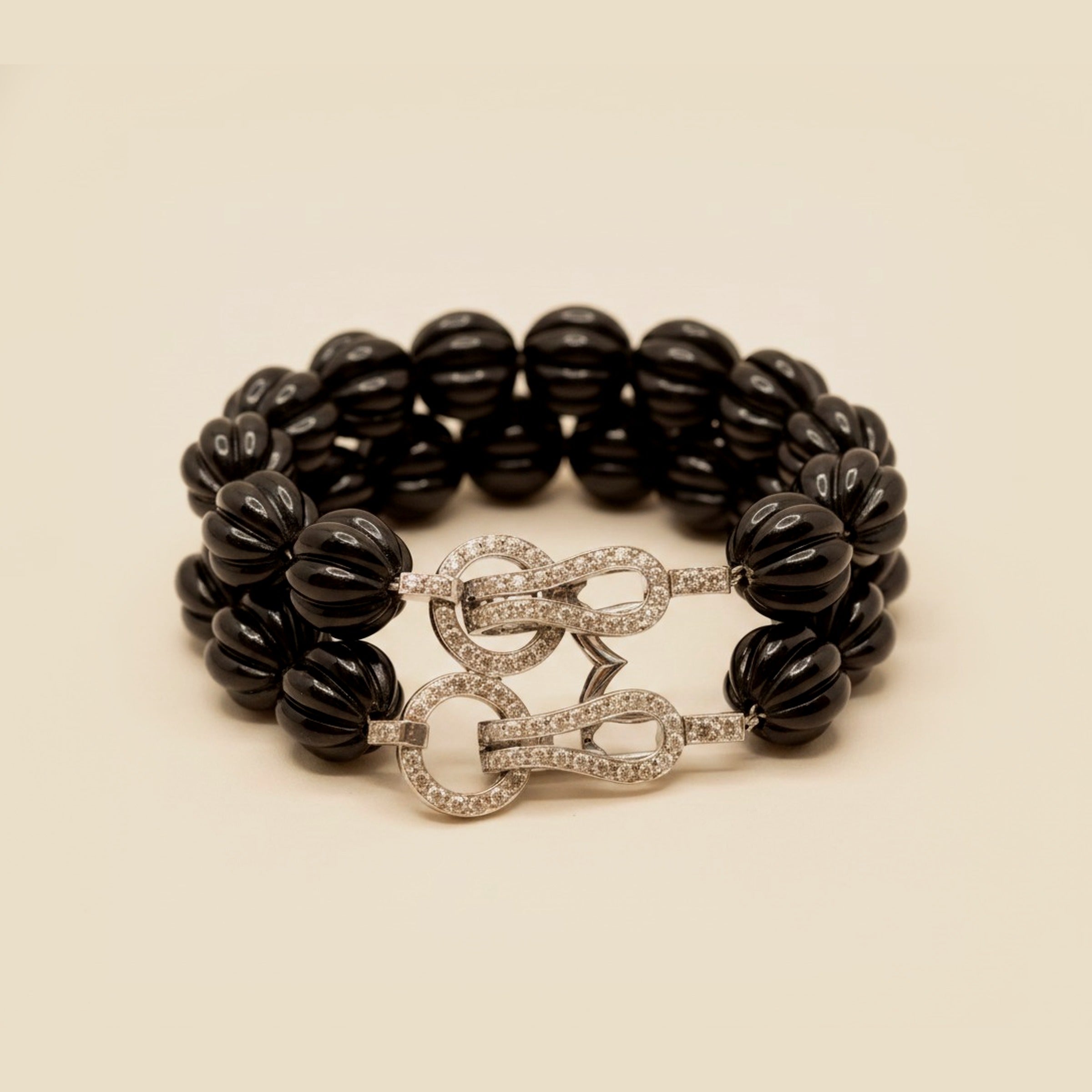 Double Row Onyx Beads with a Double Diamond Clasp