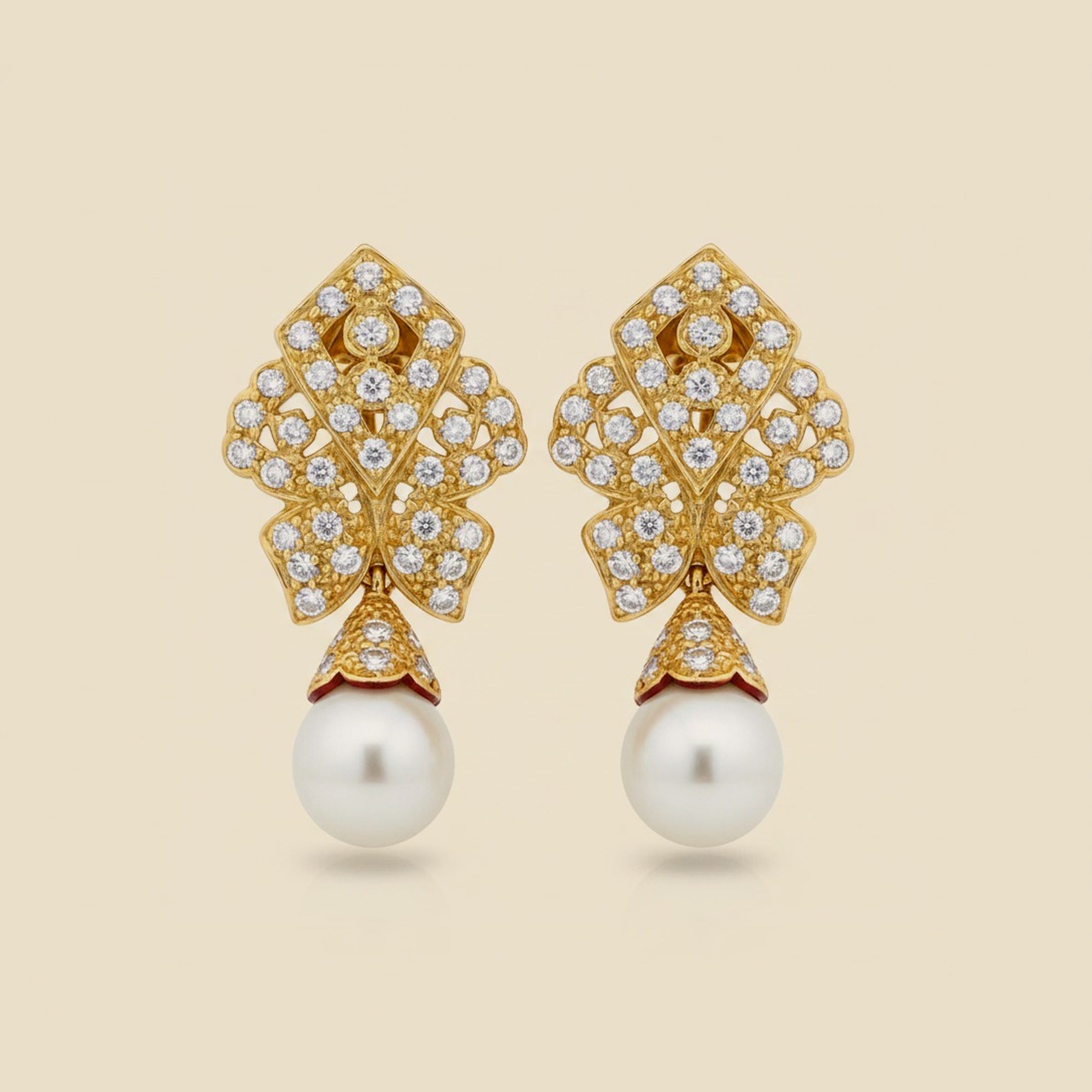 Simple but Elegant Yellow Gold Diamond & Cultured Pearl Drop Earrings
